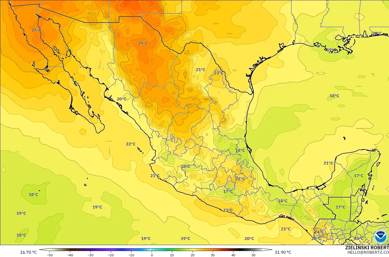 GFS model - Meksika, 850 hPa Sıcaklık