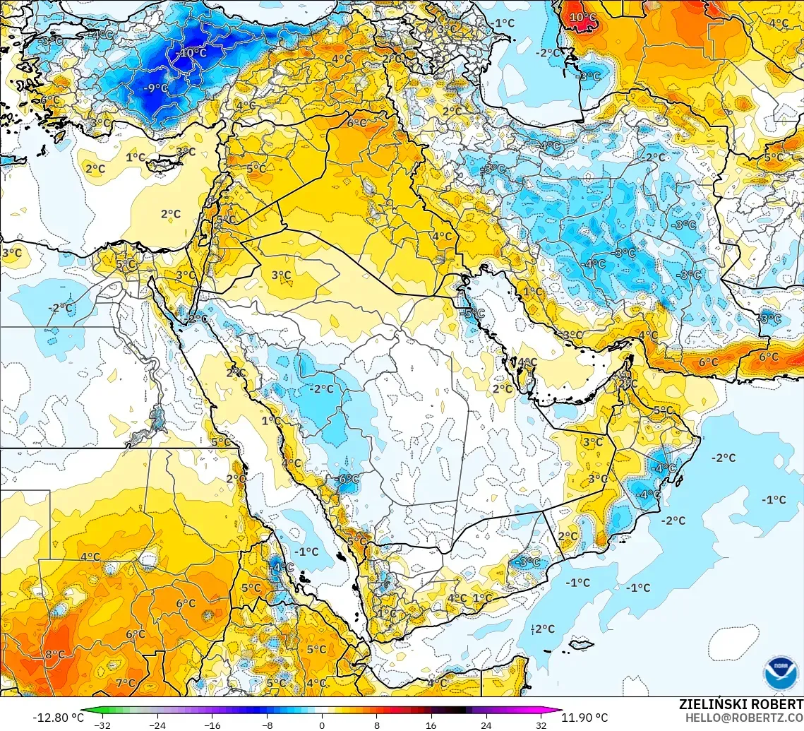 GFS model - Orta Doğu, 2 m Sıcaklık Anomalisi