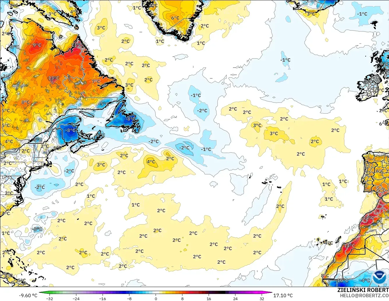GFS model - Kuzey Atlantik, 2 m Sıcaklık Anomalisi