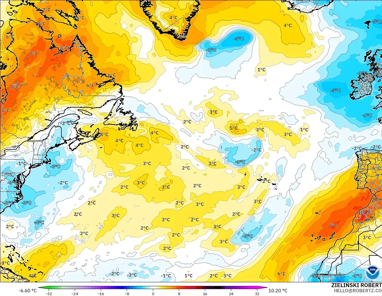 GFS model - Kuzey Atlantik, 850 hPa Sıcaklık Anomalisi