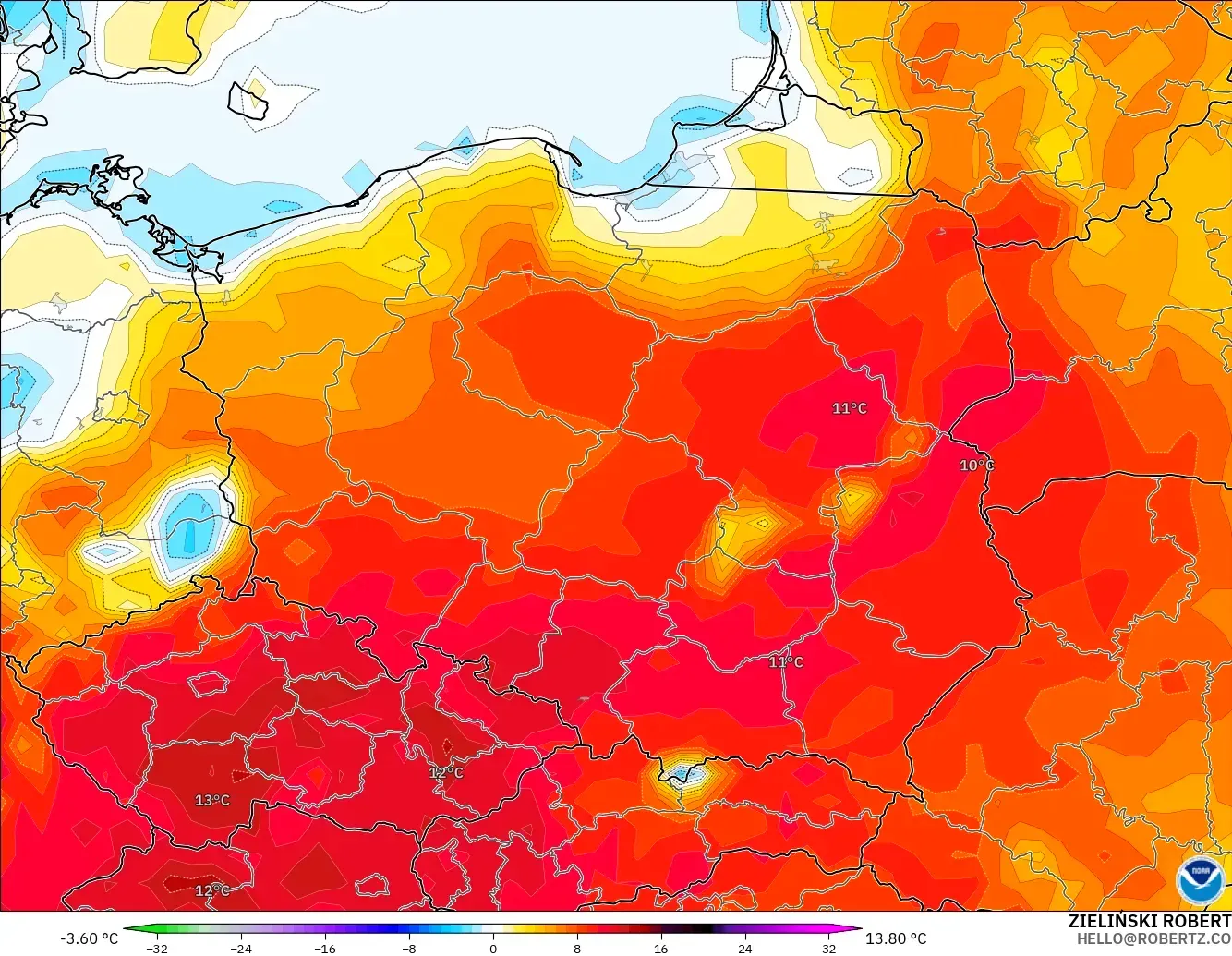 GFS model - Polonya, 2 m Sıcaklık Anomalisi