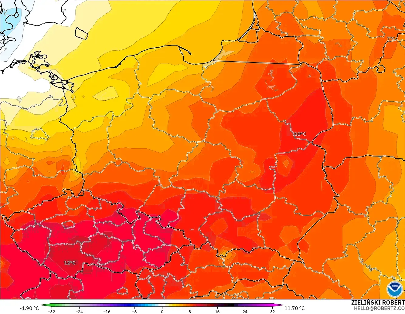 GFS model - Polonya, 850 hPa Sıcaklık Anomalisi