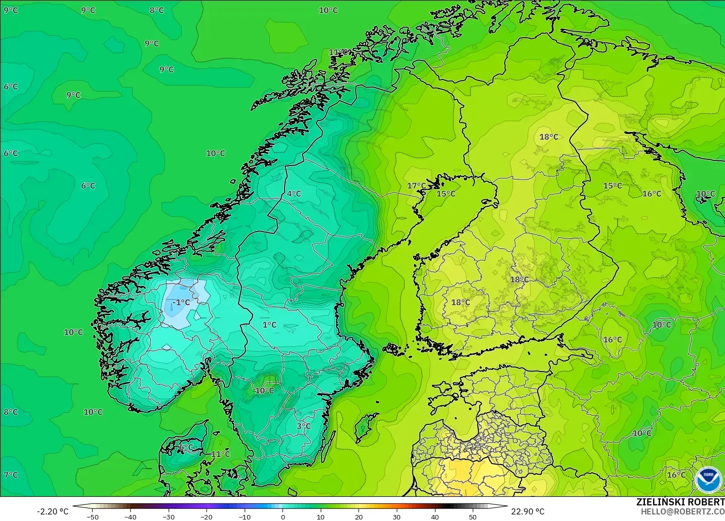 GFS model - İskandinavya, 2 m Çiy Noktası