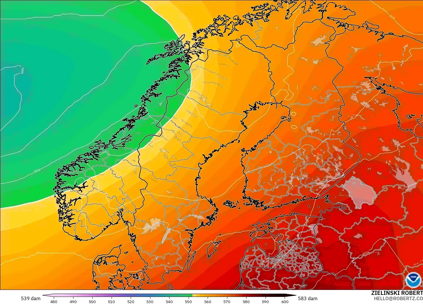 GFS model - İskandinavya, 500 hPa’da jeopotansiyel yükseklik
