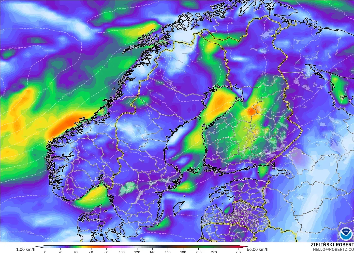 GFS model - İskandinavya, Rüzgâr Esintileri