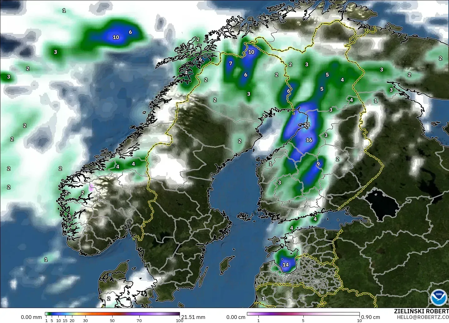 GFS model - İskandinavya, Yağış, Bulut ve Basınç