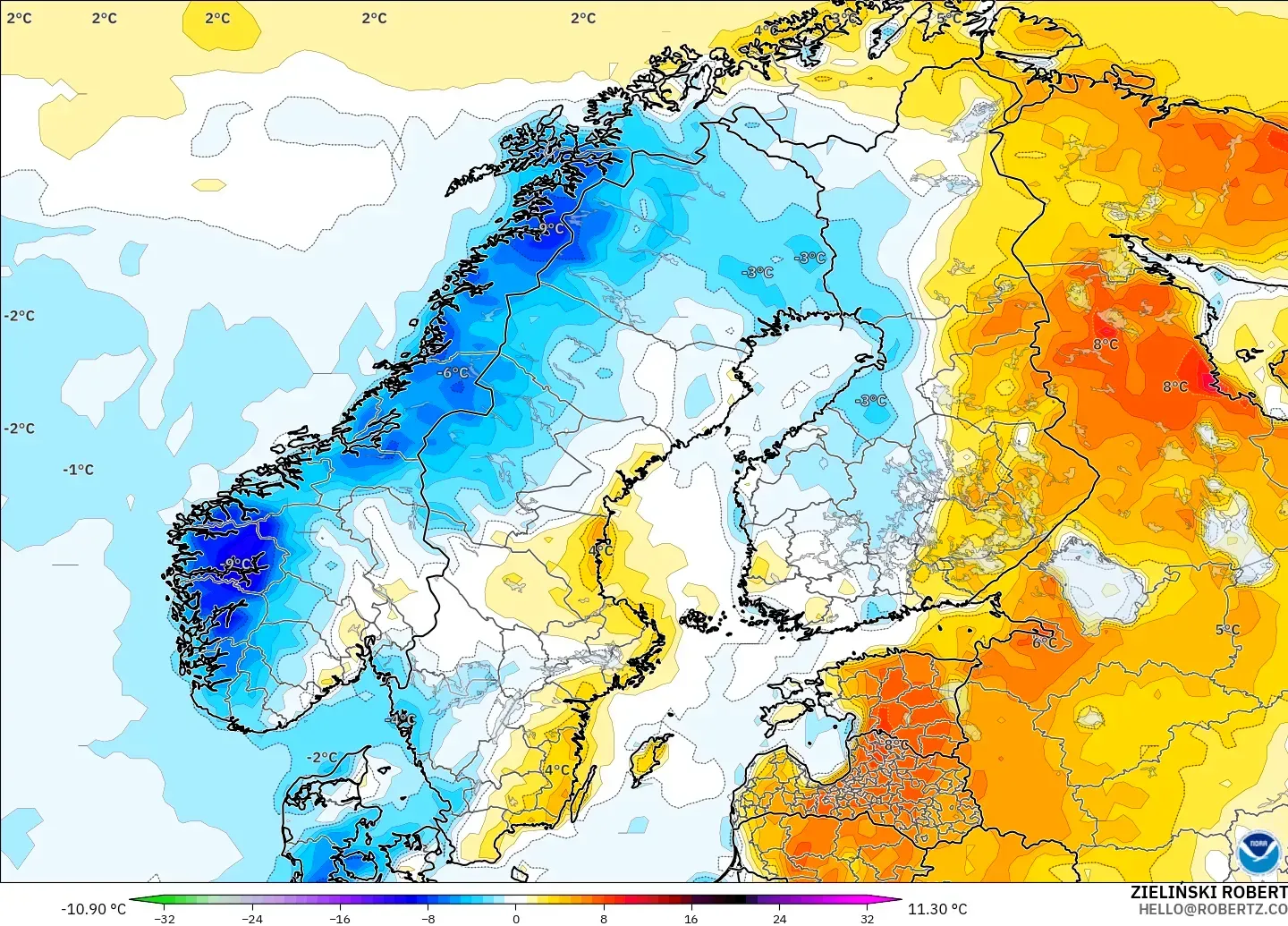 GFS model - İskandinavya, 2 m Sıcaklık Anomalisi