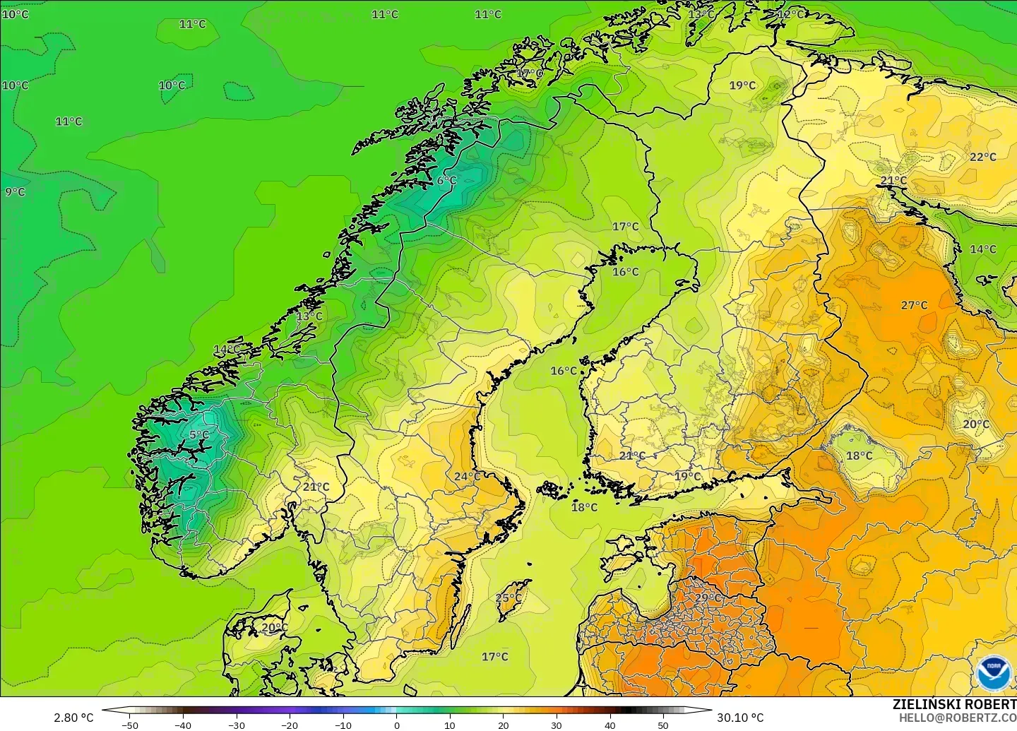 GFS model - İskandinavya, 2 m Sıcaklık