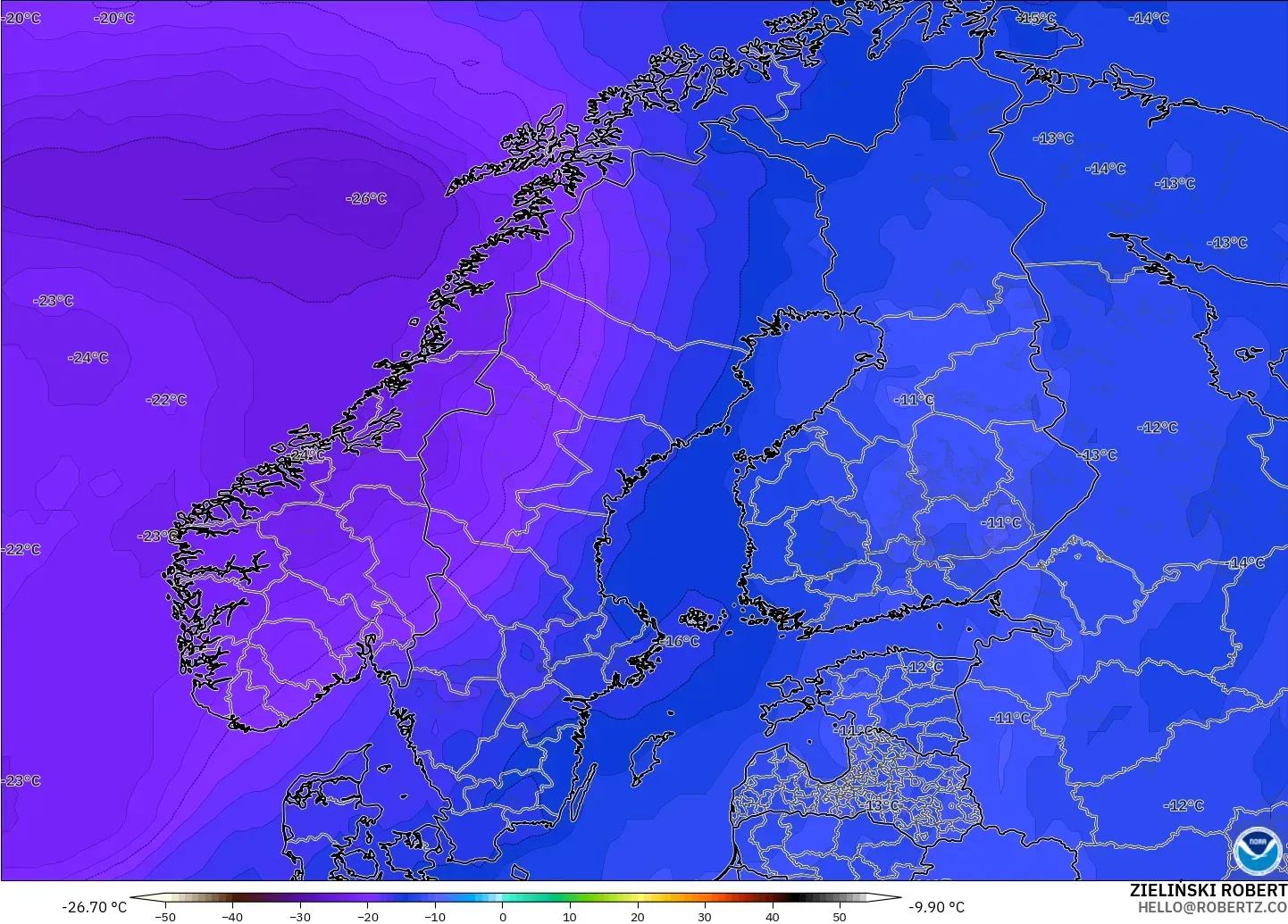 GFS model - İskandinavya, 500 hPa Sıcaklık