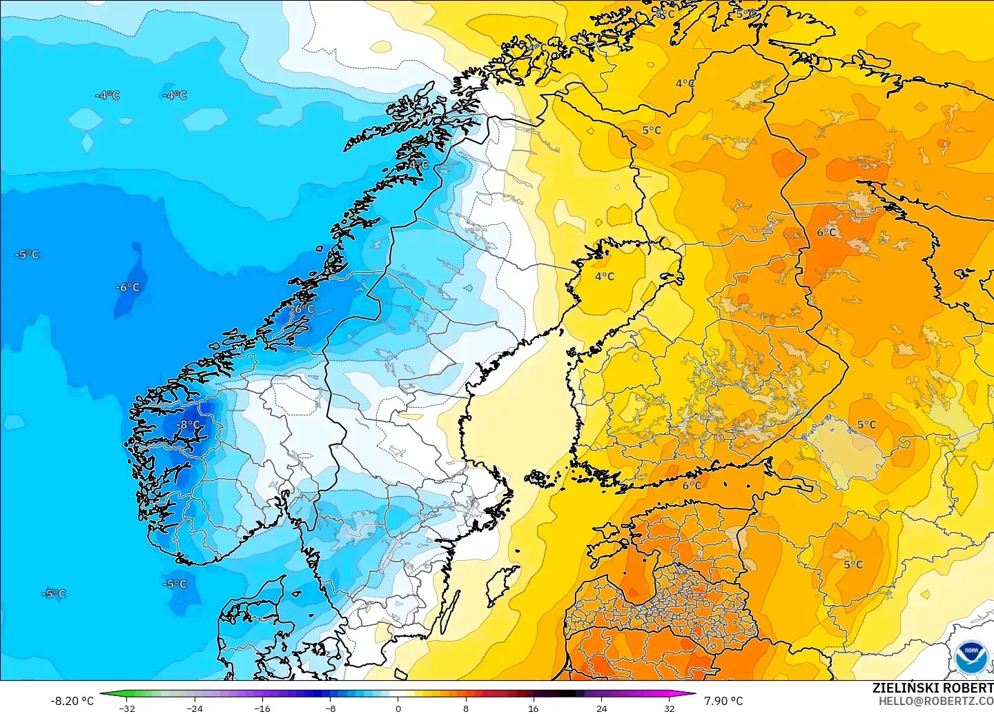 GFS model - İskandinavya, 850 hPa Sıcaklık Anomalisi