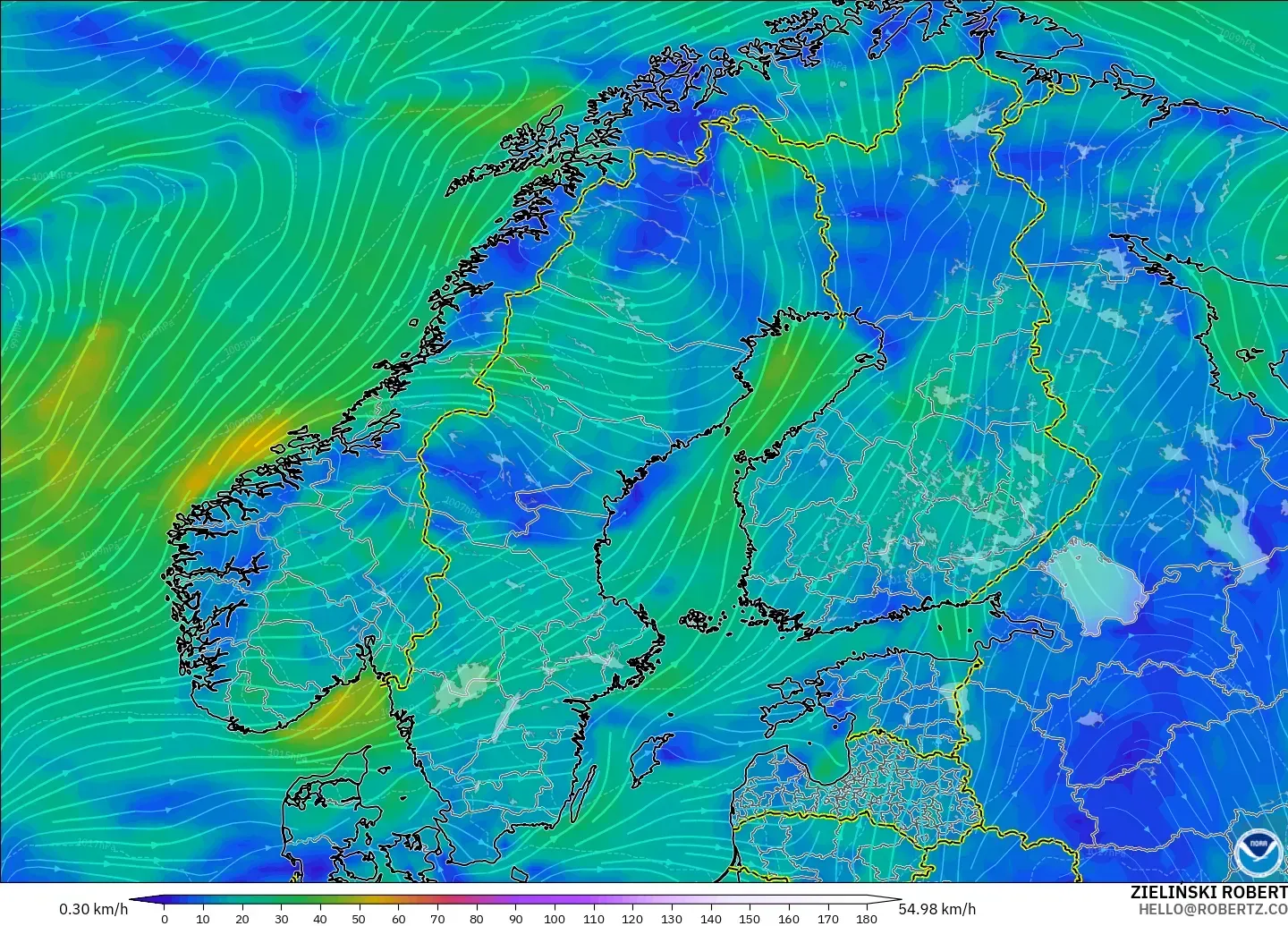 GFS model - İskandinavya, 10 m Rüzgâr
