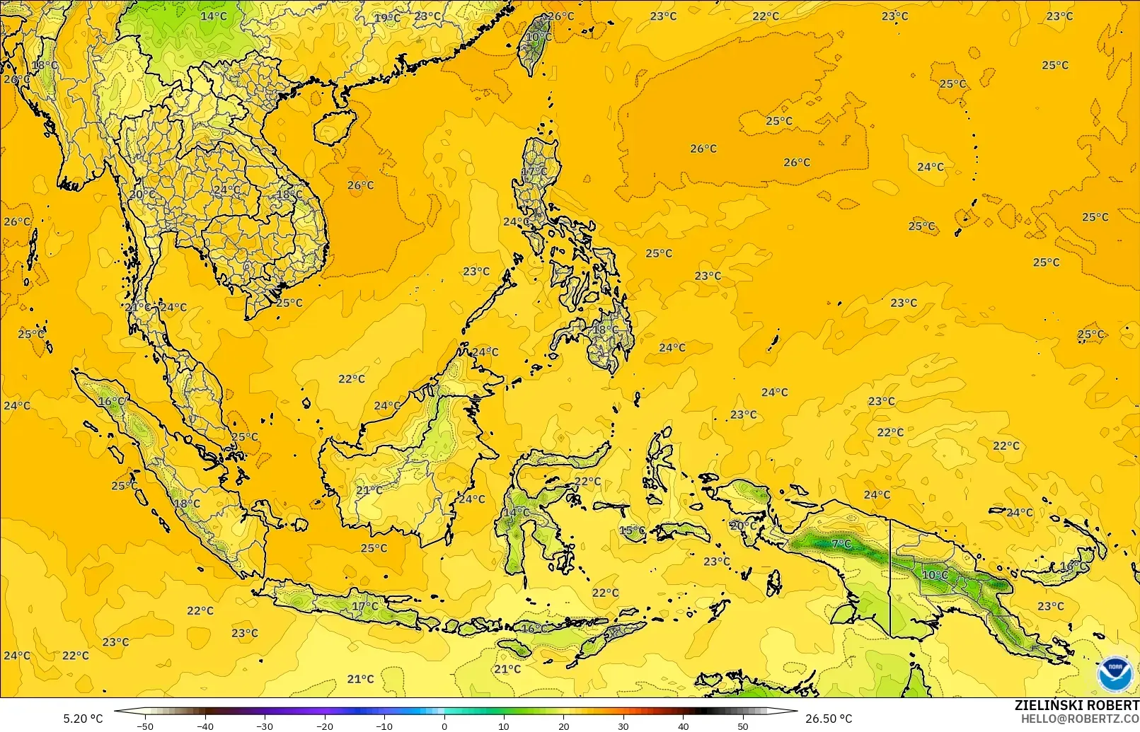 GFS model - Güneydoğu Asya, 2 m Çiy Noktası