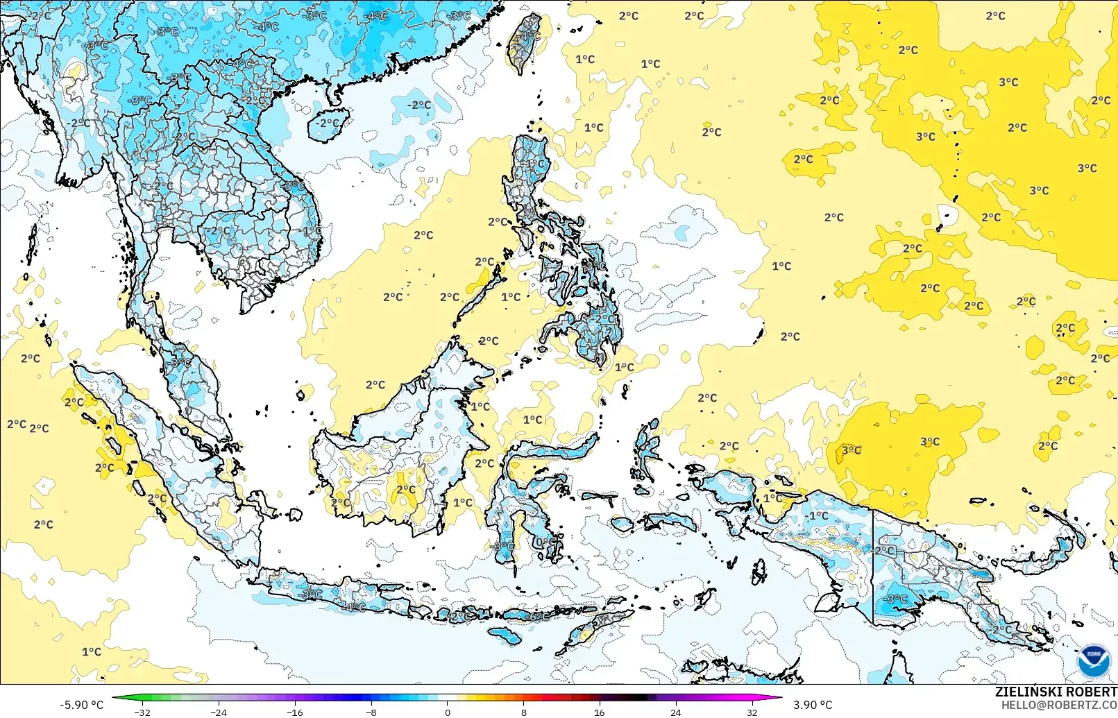 GFS model - Güneydoğu Asya, 2 m Sıcaklık Anomalisi