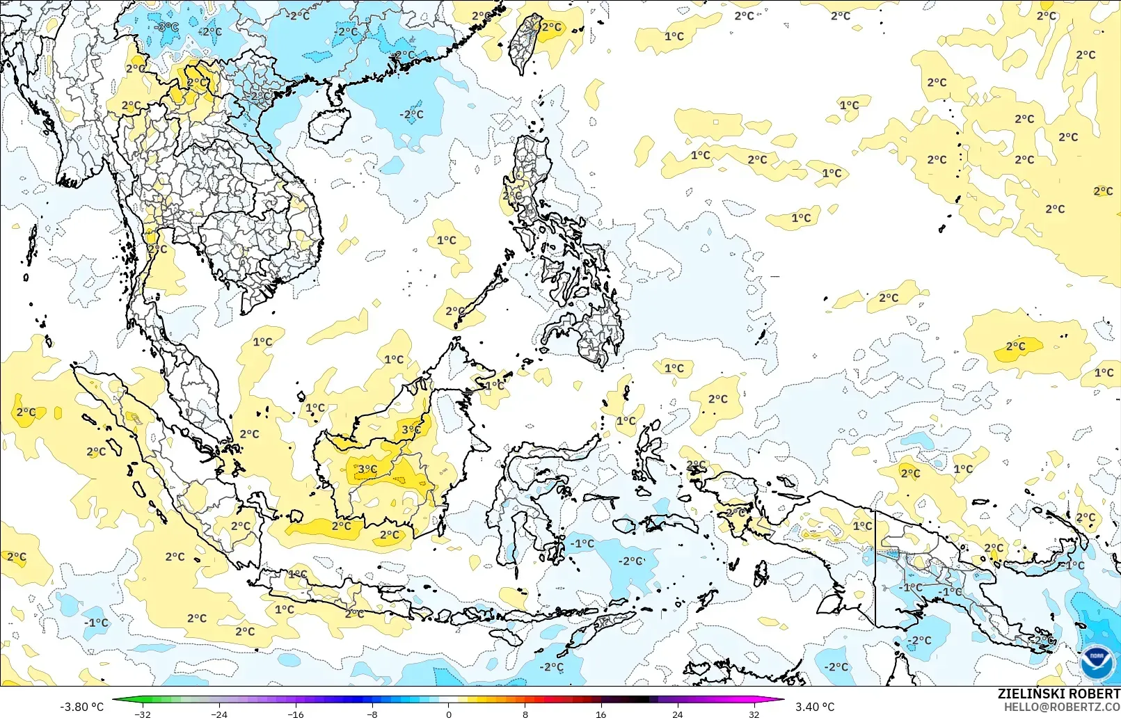 GFS model - Güneydoğu Asya, 850 hPa Sıcaklık Anomalisi