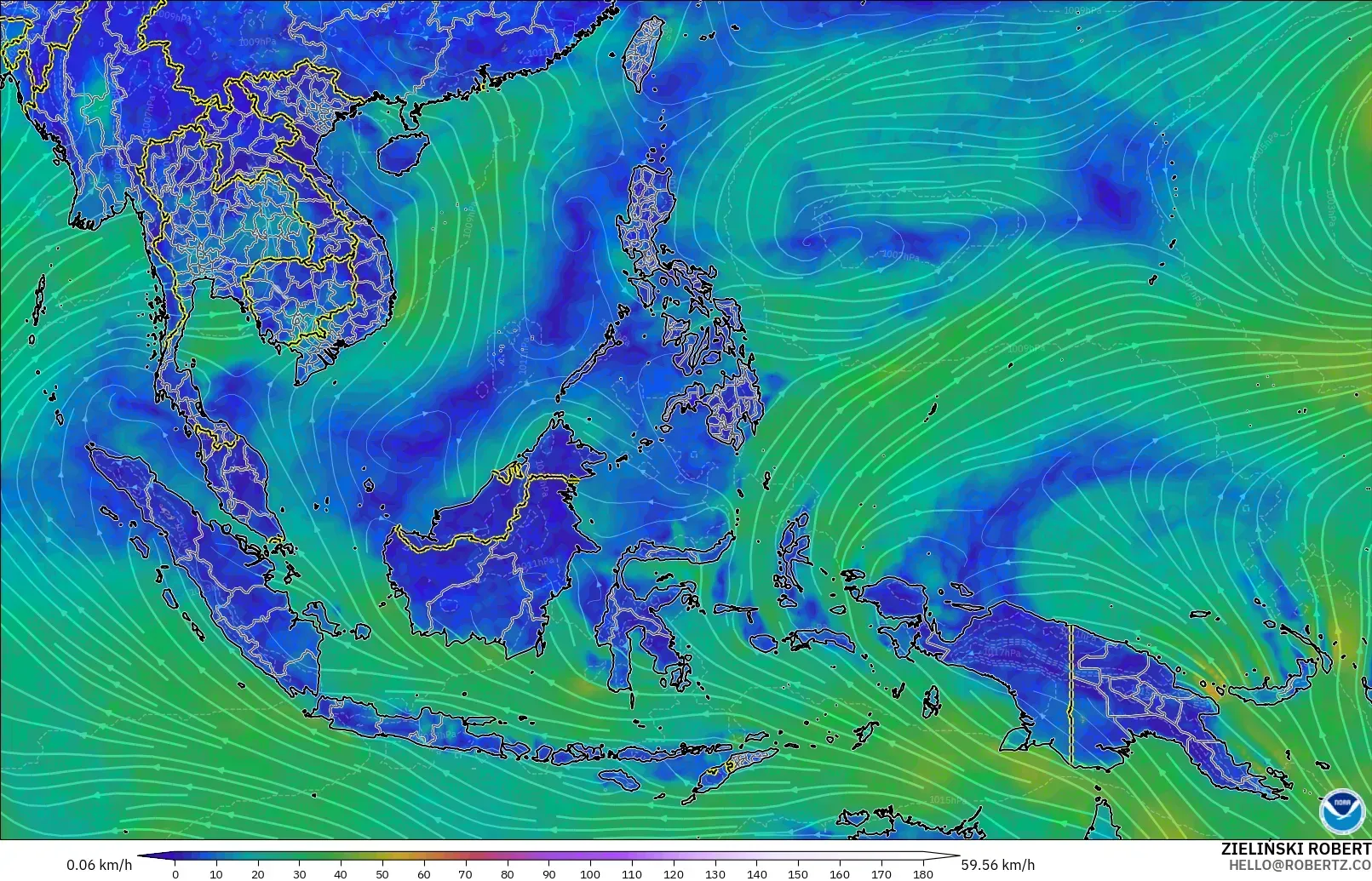 GFS model - Güneydoğu Asya, 10 m Rüzgâr