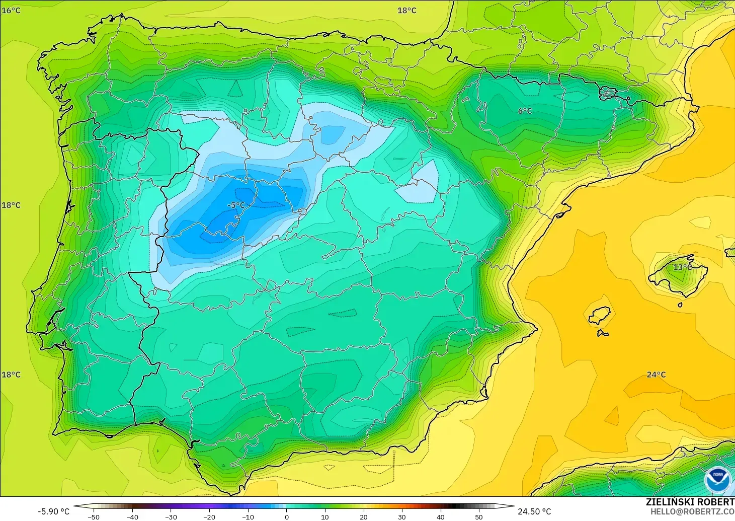 GFS model - İspanya, 2 m Çiy Noktası
