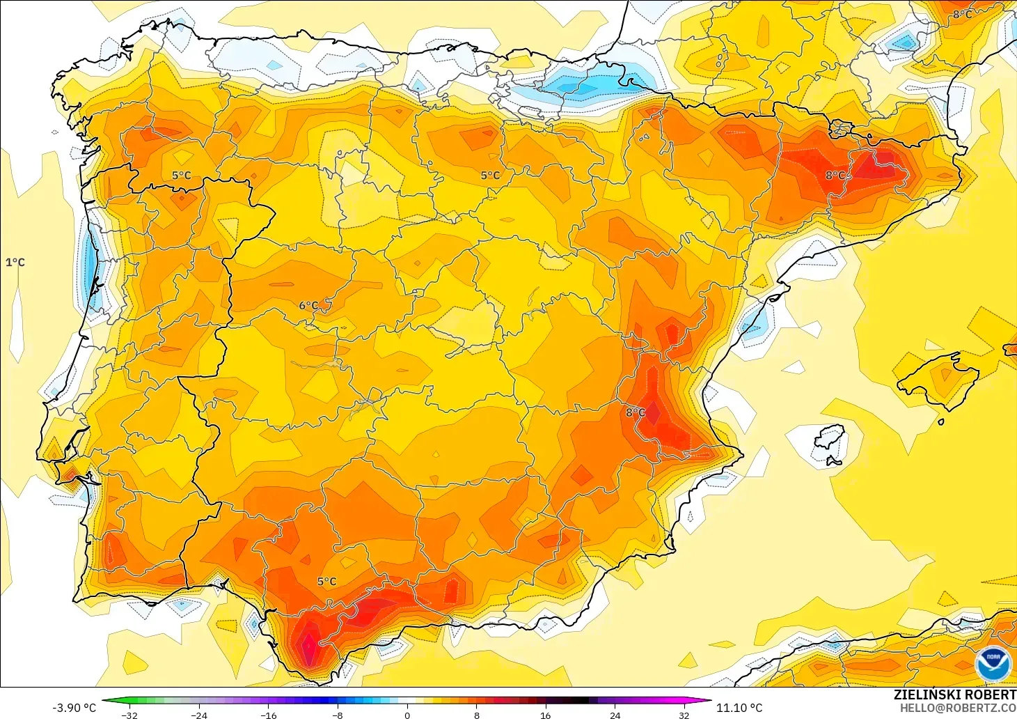 GFS model - İspanya, 2 m Sıcaklık Anomalisi