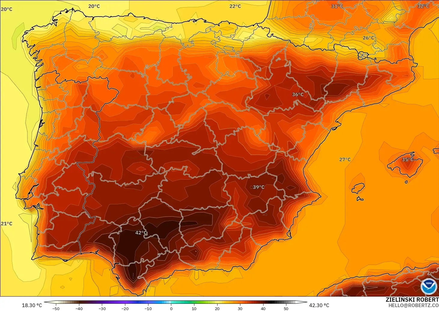 GFS model - İspanya, 2 m Sıcaklık
