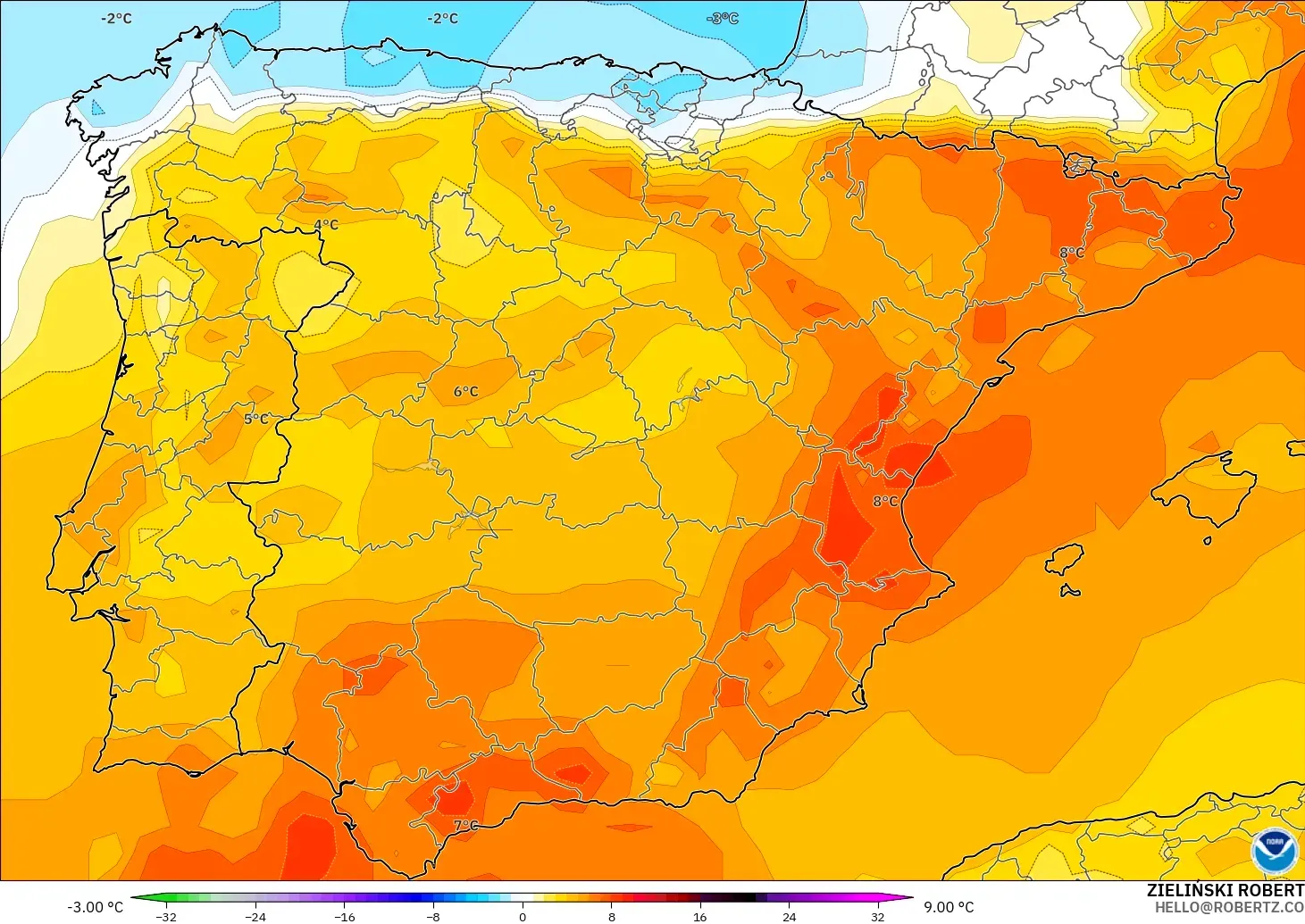 GFS model - İspanya, 850 hPa Sıcaklık Anomalisi