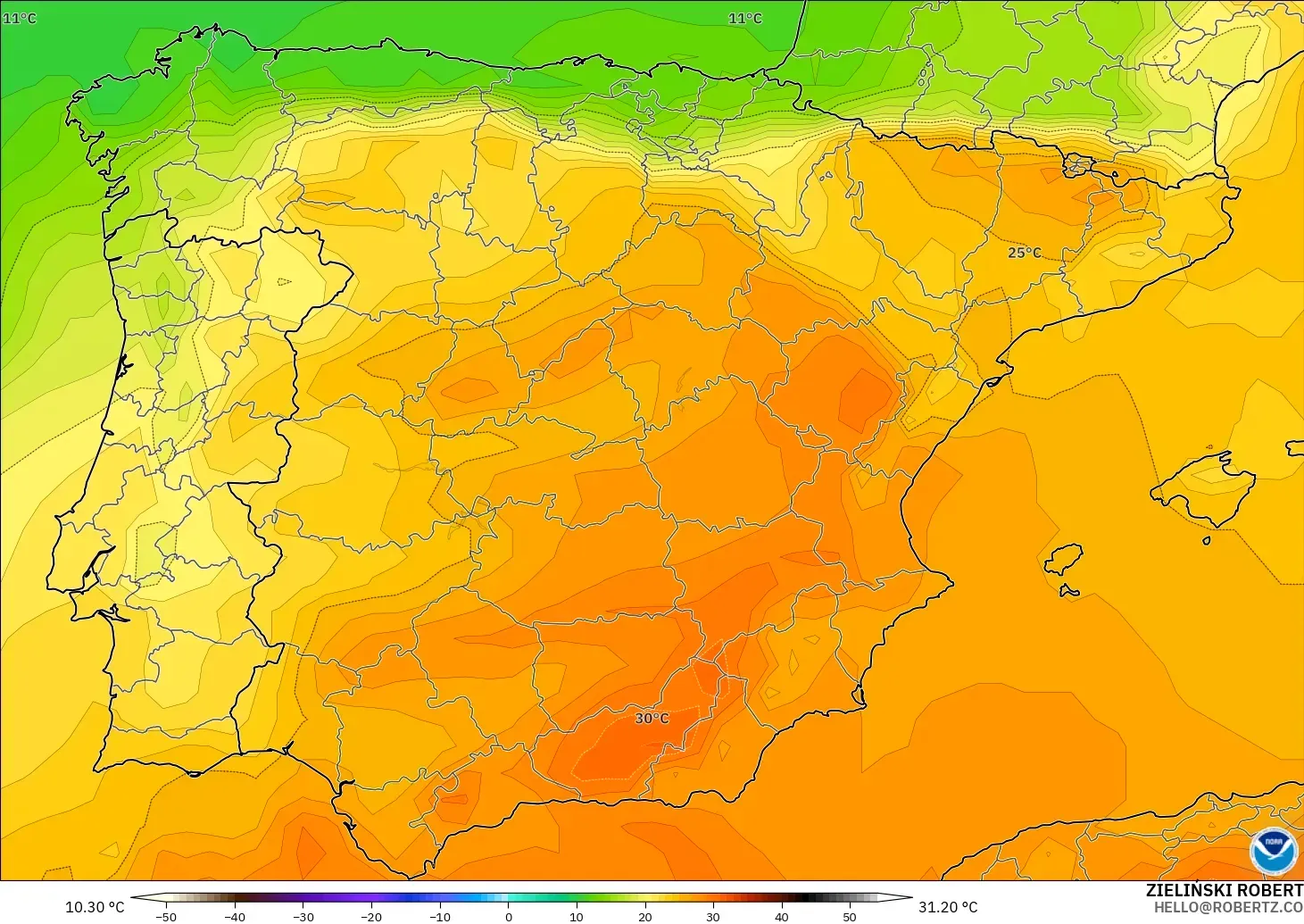 GFS model - İspanya, 850 hPa Sıcaklık
