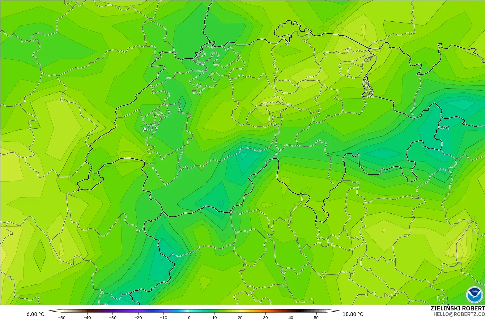 GFS model - İsviçre, 2 m Çiy Noktası