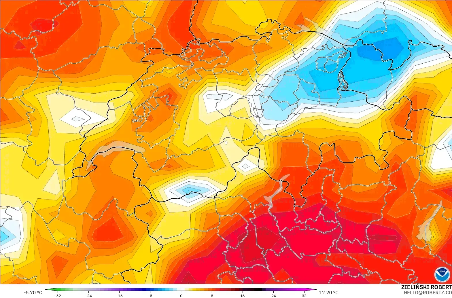 GFS model - İsviçre, 2 m Sıcaklık Anomalisi