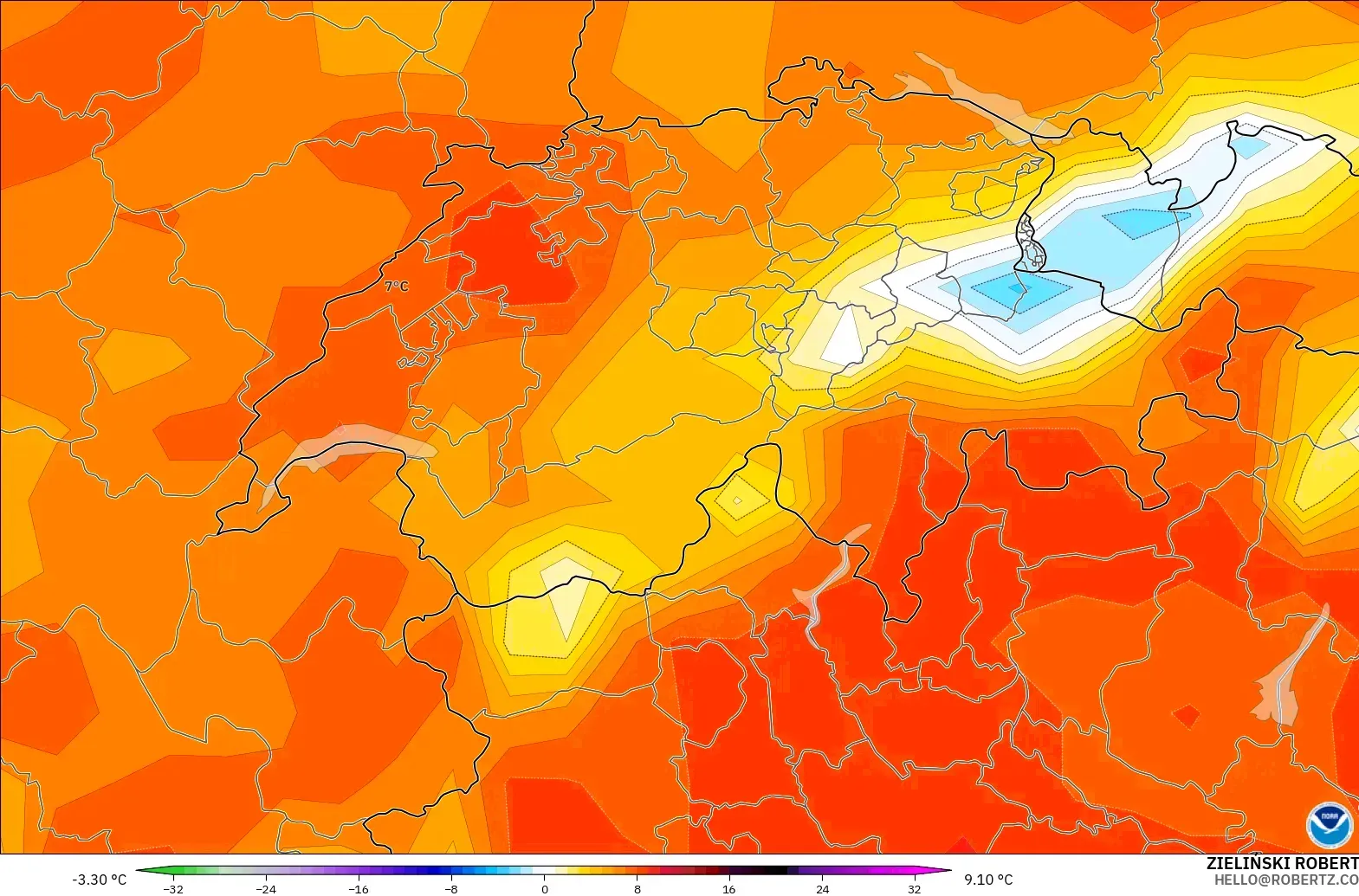 GFS model - İsviçre, 850 hPa Sıcaklık Anomalisi