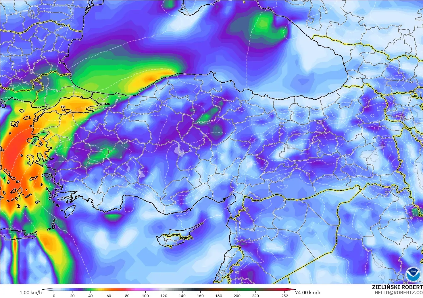 GFS model - Türkiye, En Yüksek Rüzgâr
