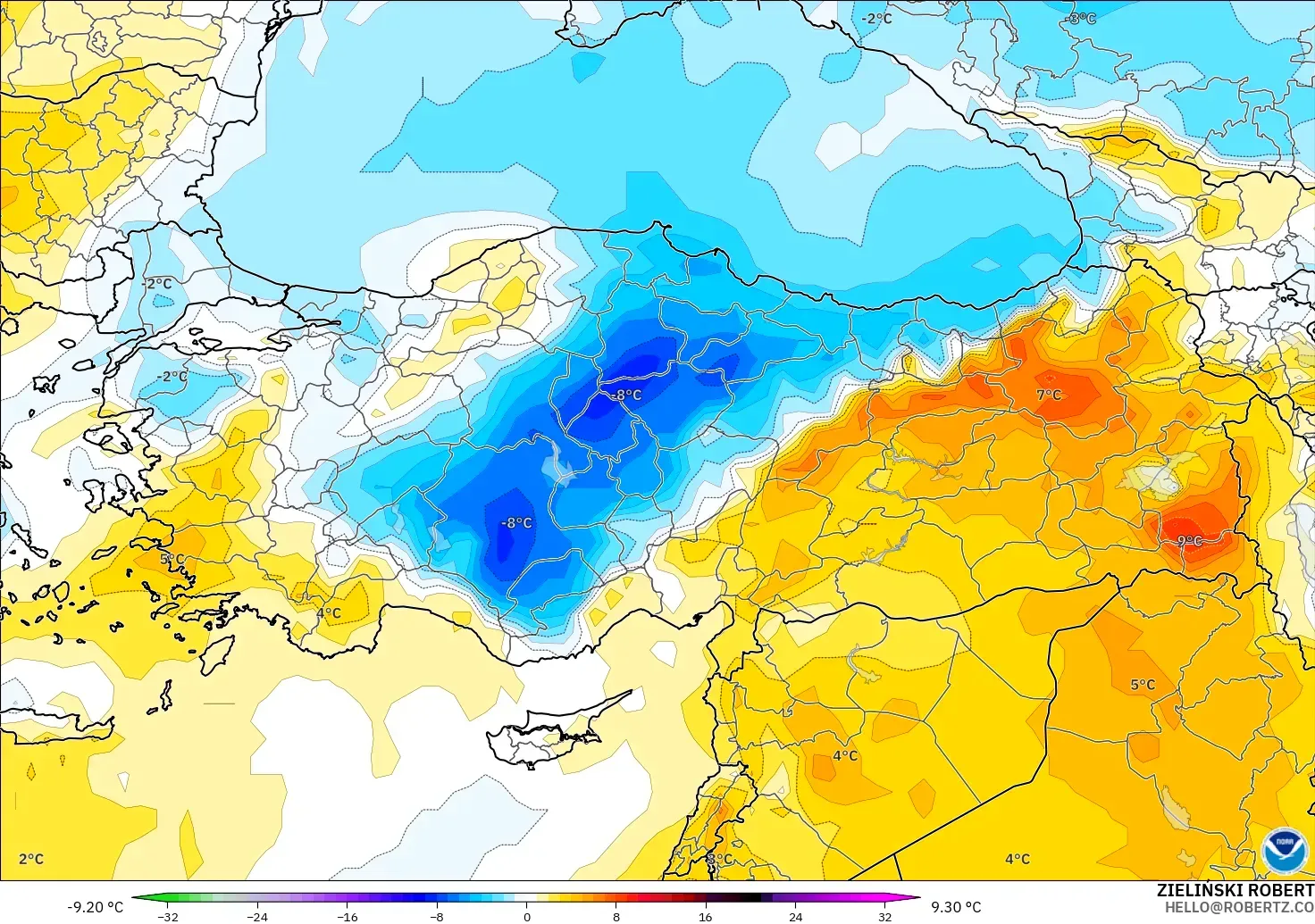 GFS model - Türkiye, 850 hPa Sıcaklık Anomalisi