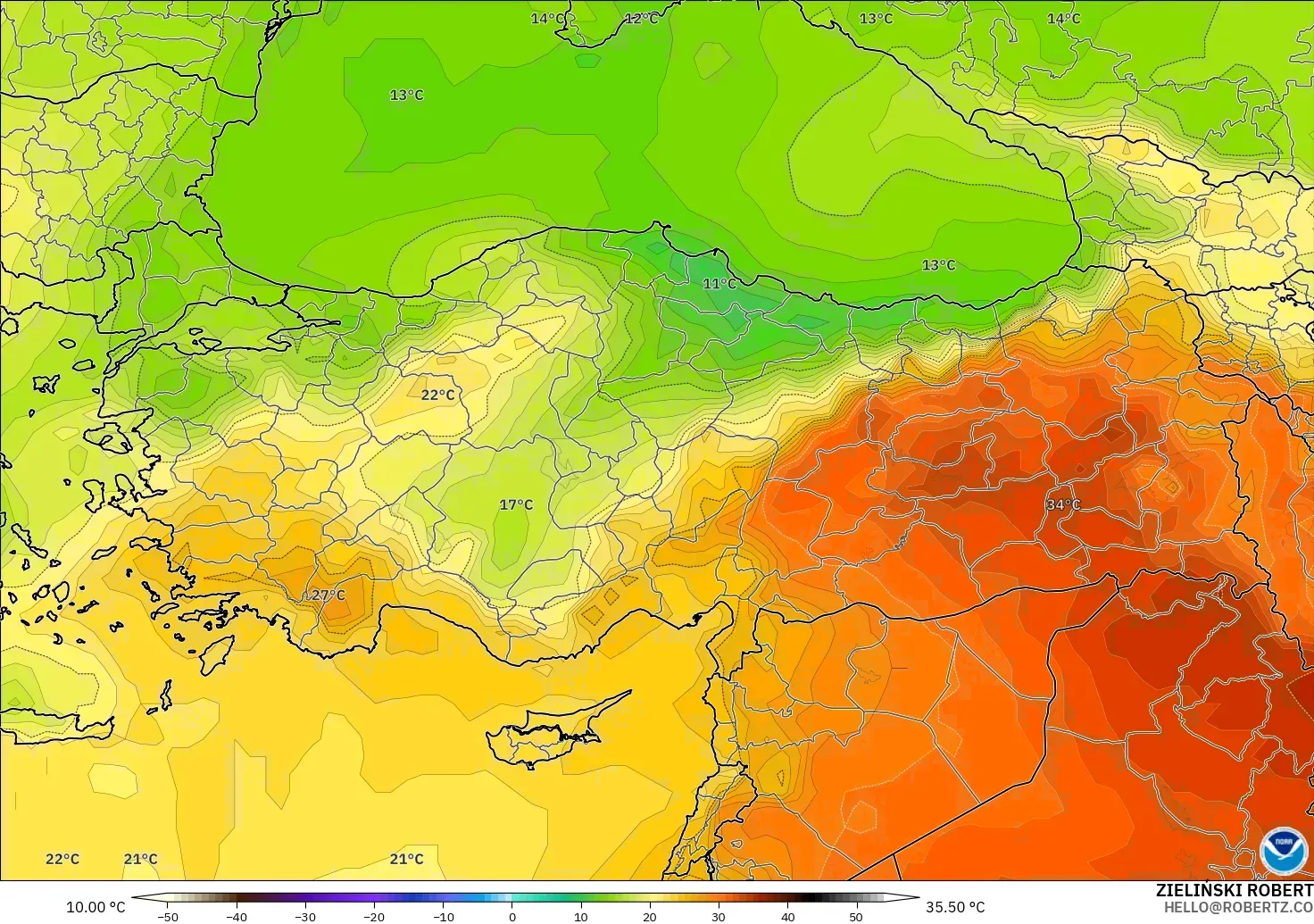 GFS model - Türkiye, 850 hPa Sıcaklık