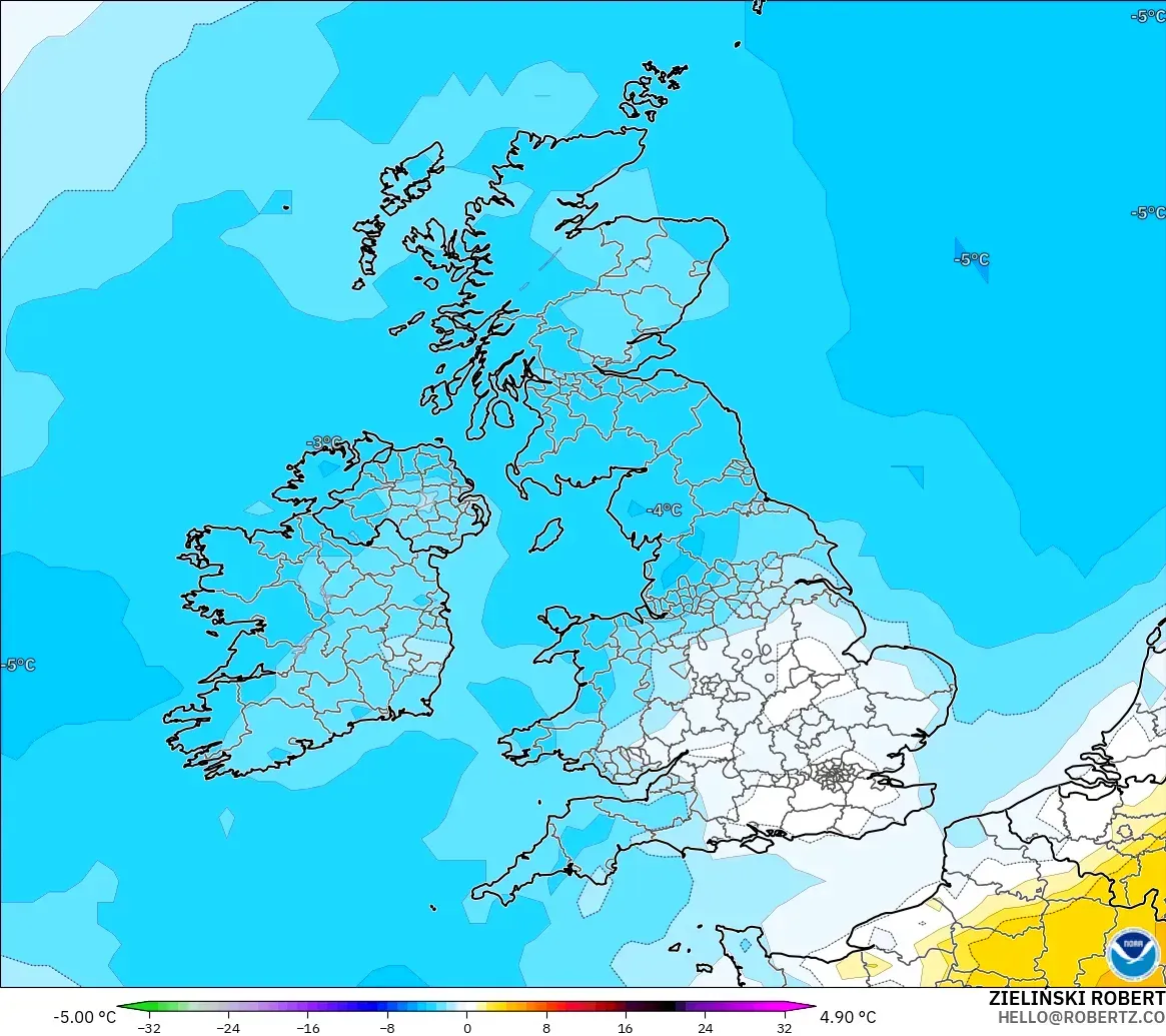 GFS model - Birleşik Krallık, 850 hPa Sıcaklık Anomalisi