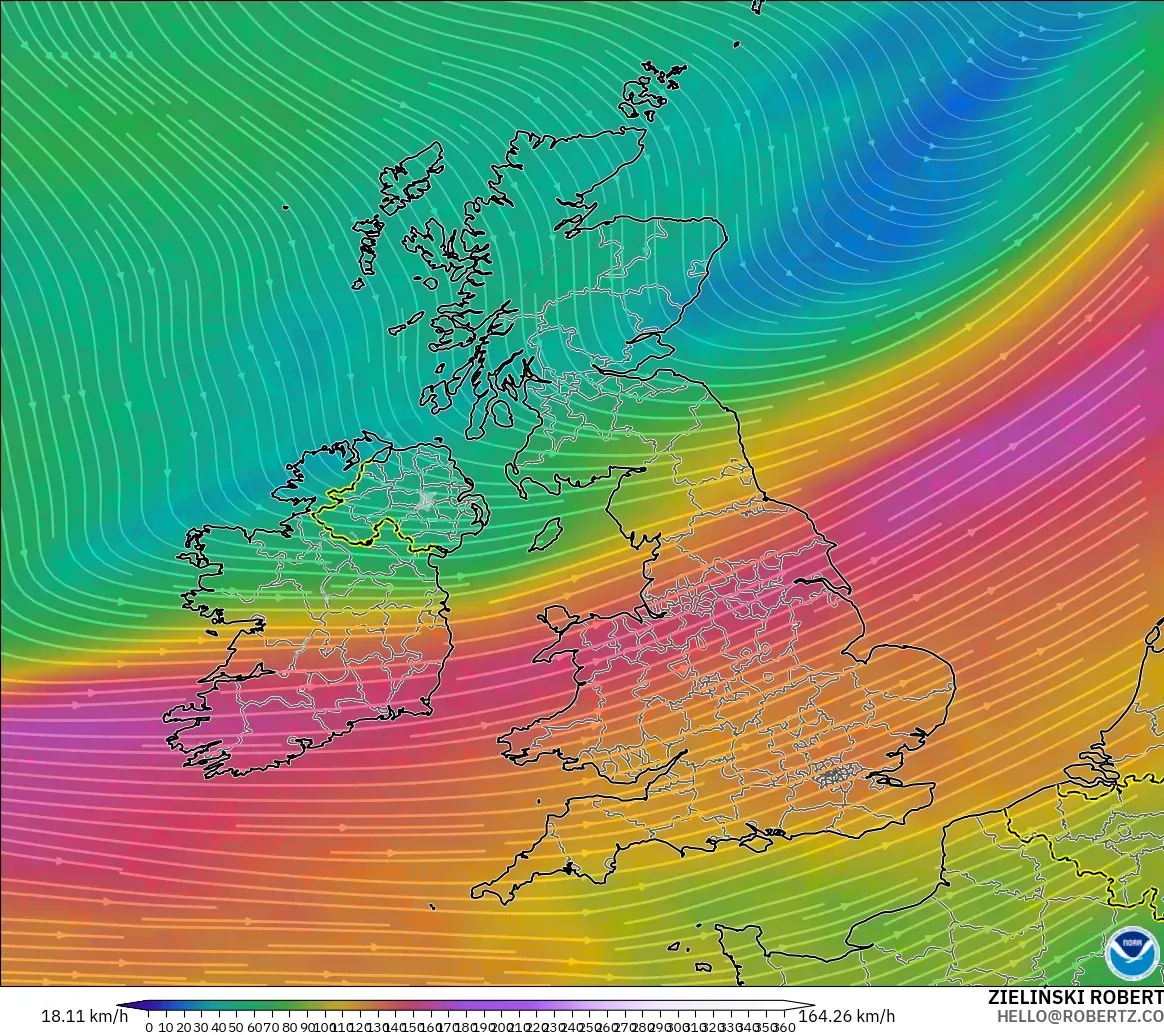 GFS model - Birleşik Krallık, 300 hPa Rüzgârı (jet)