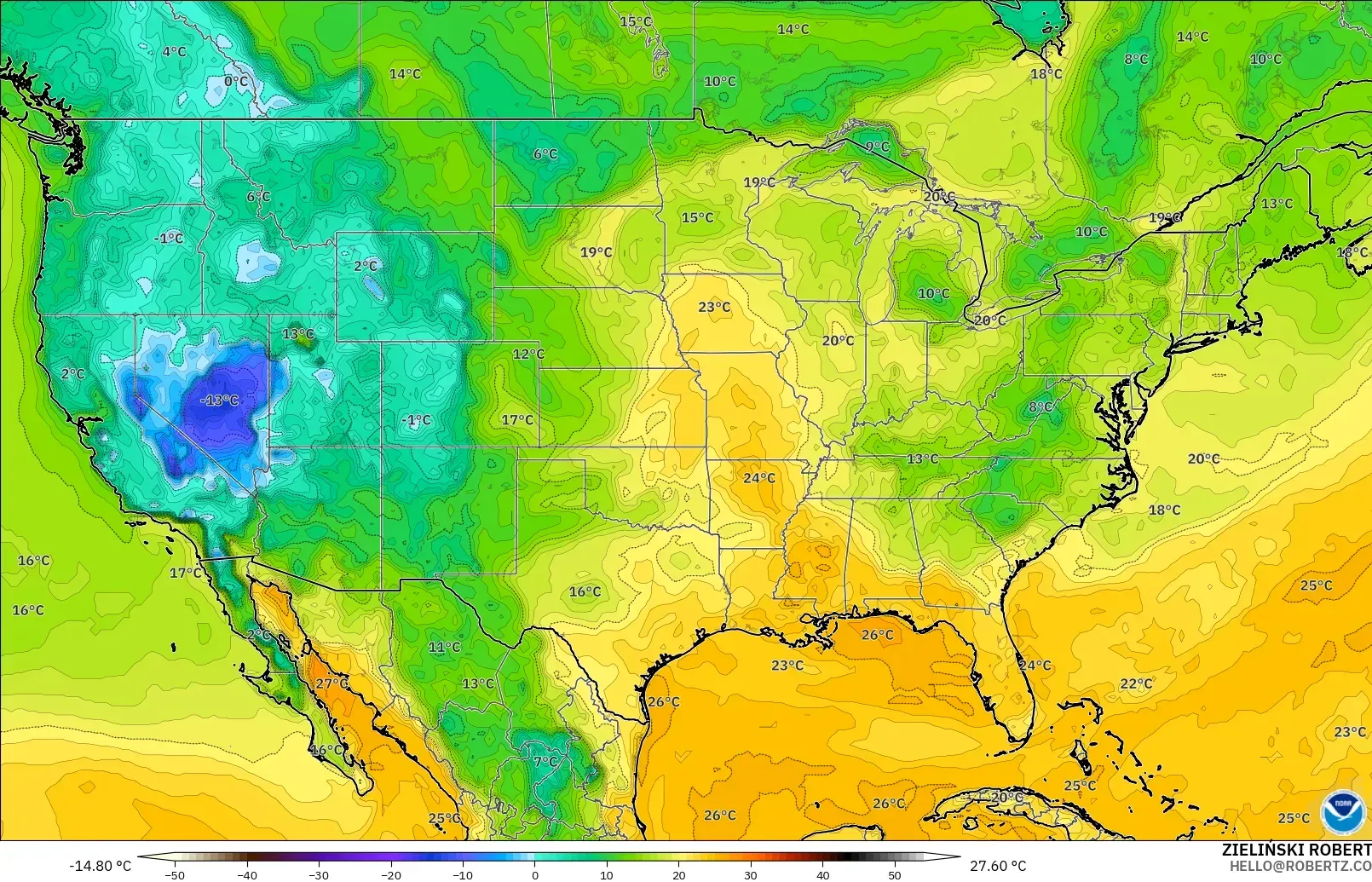 GFS model - Amerika Birleşik Devletleri, 2 m Çiy Noktası