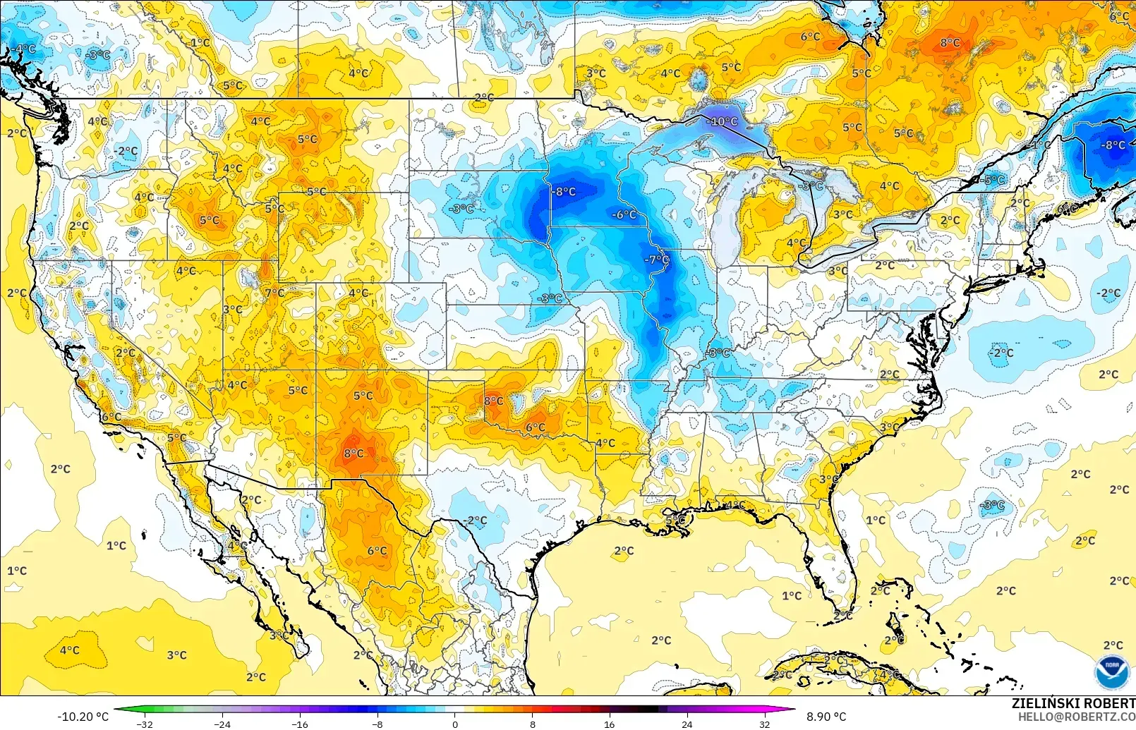 GFS model - Amerika Birleşik Devletleri, 2 m Sıcaklık Anomalisi
