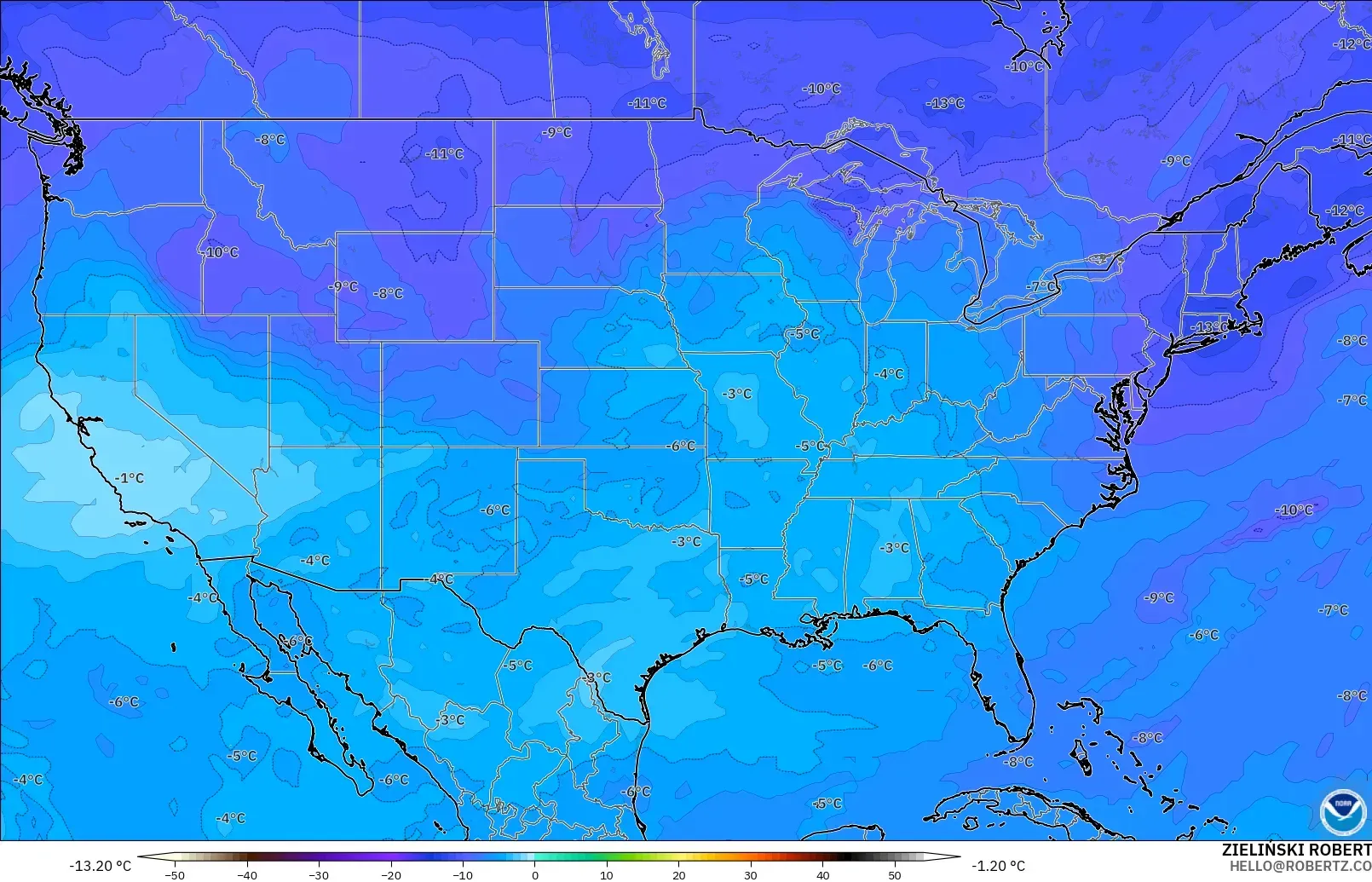 GFS model - Amerika Birleşik Devletleri, 500 hPa Sıcaklık