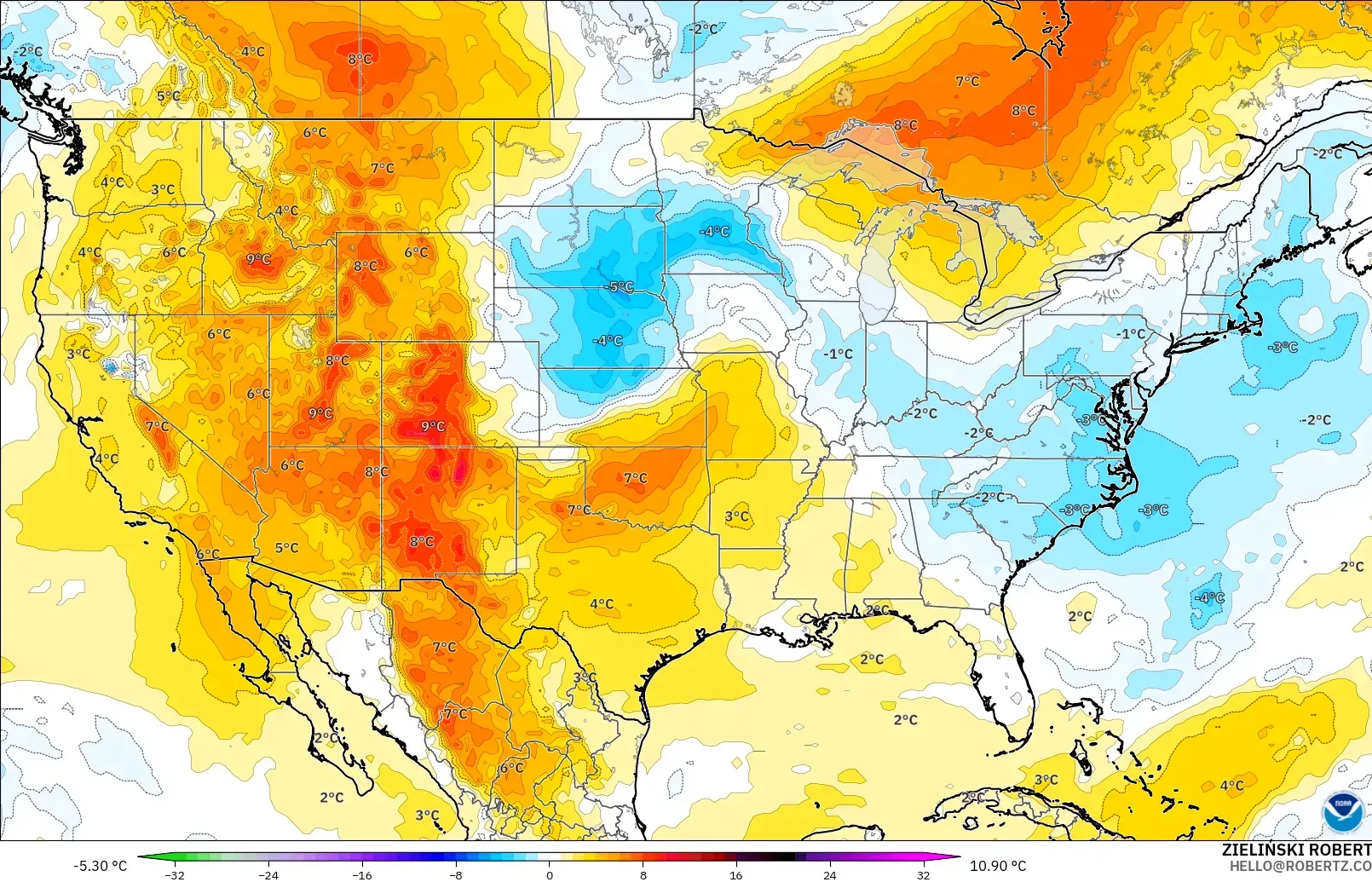 GFS model - Amerika Birleşik Devletleri, 850 hPa Sıcaklık Anomalisi