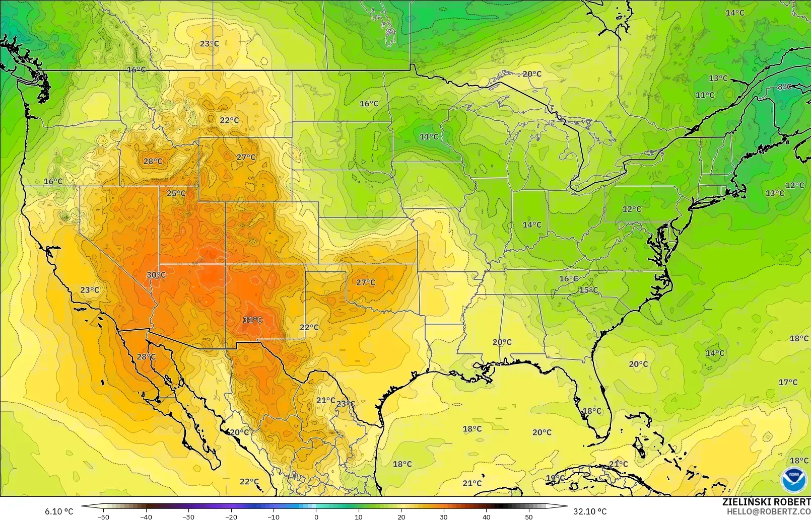 GFS model - Amerika Birleşik Devletleri, 850 hPa Sıcaklık