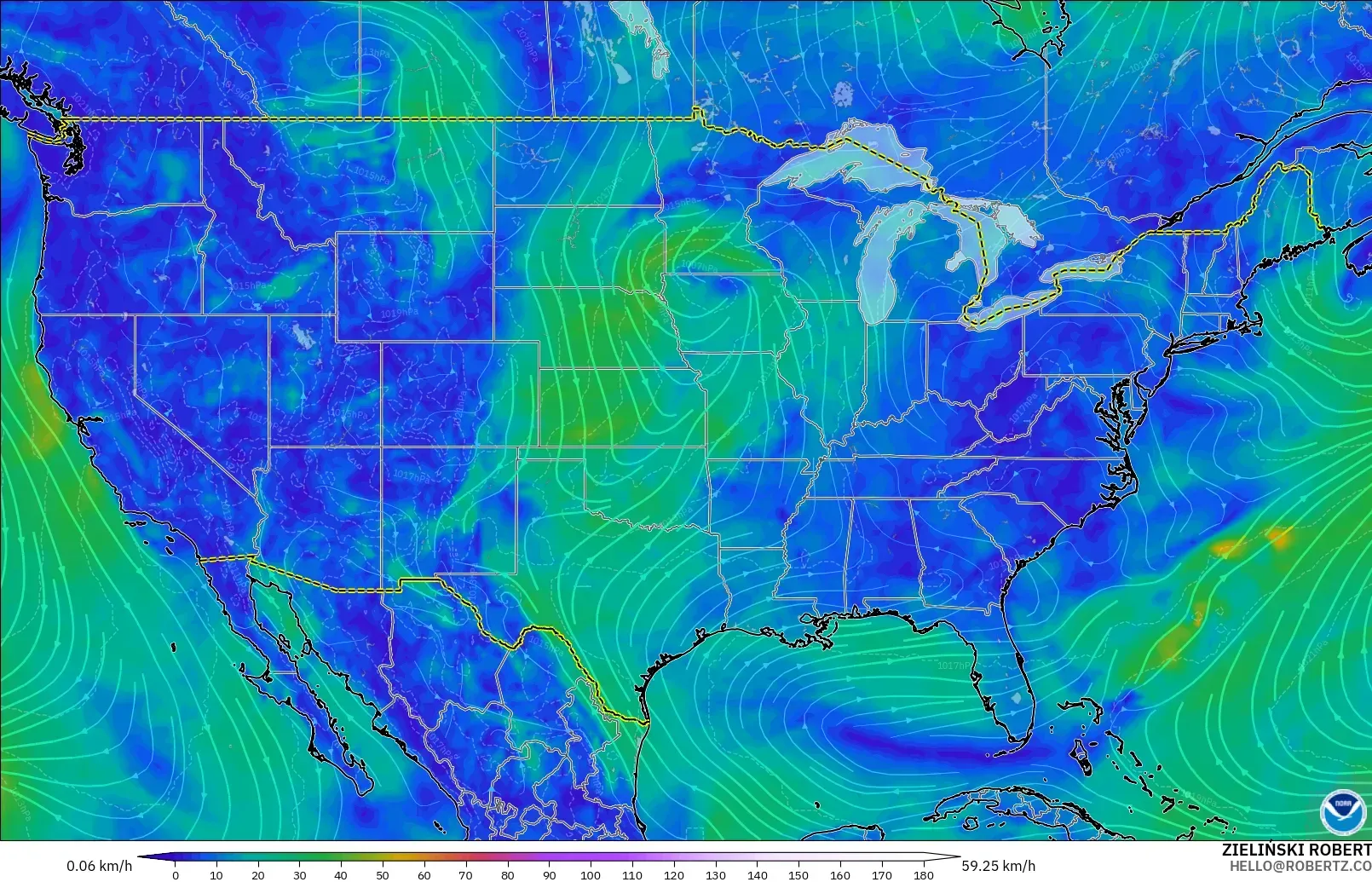 GFS model - Amerika Birleşik Devletleri, 10 m Rüzgâr