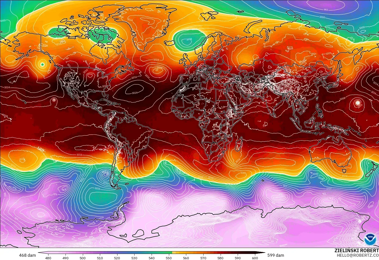 GFS model - Dünya, 500 hPa’da jeopotansiyel yükseklik