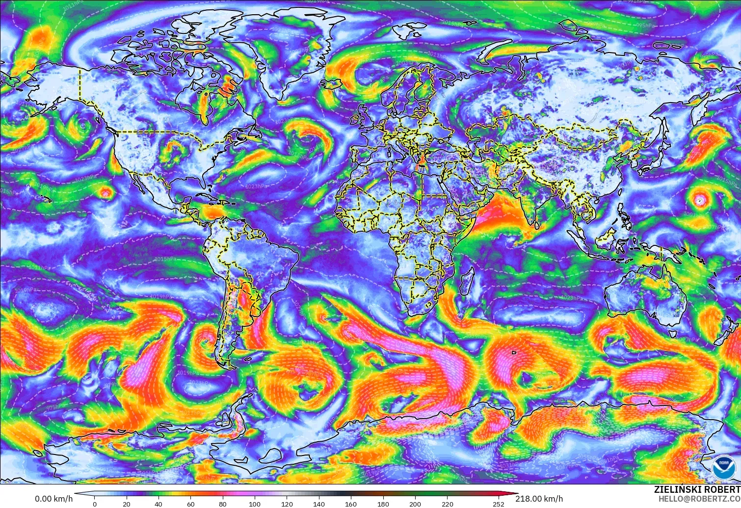 GFS model - Dünya, En Yüksek Rüzgâr