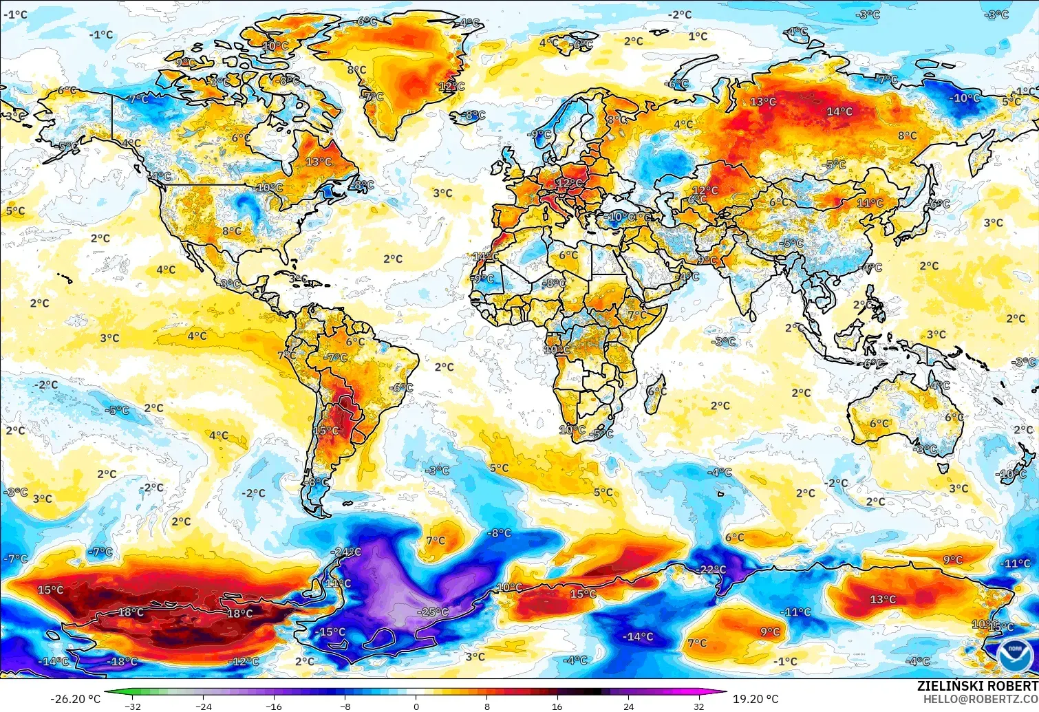 GFS model - Dünya, 2 m Sıcaklık Anomalisi