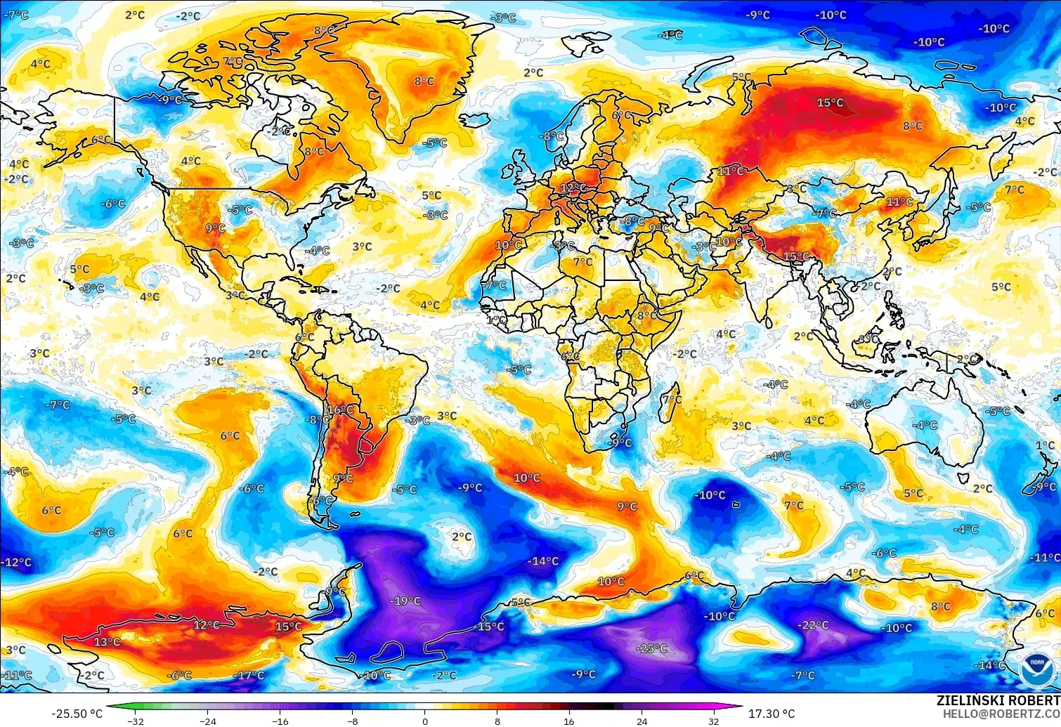 GFS model - Dünya, 850 hPa Sıcaklık Anomalisi