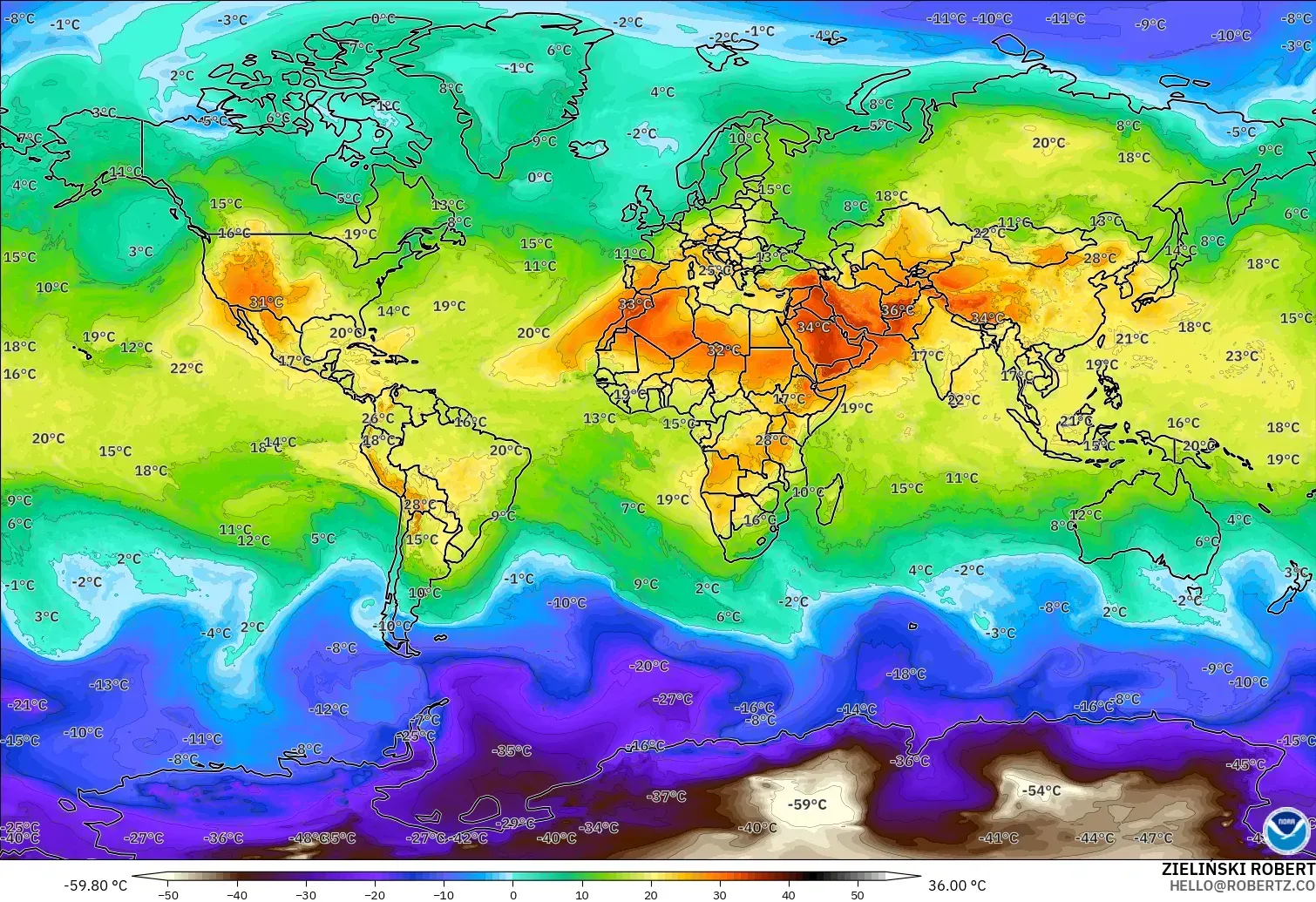 GFS model - Dünya, 850 hPa Sıcaklık