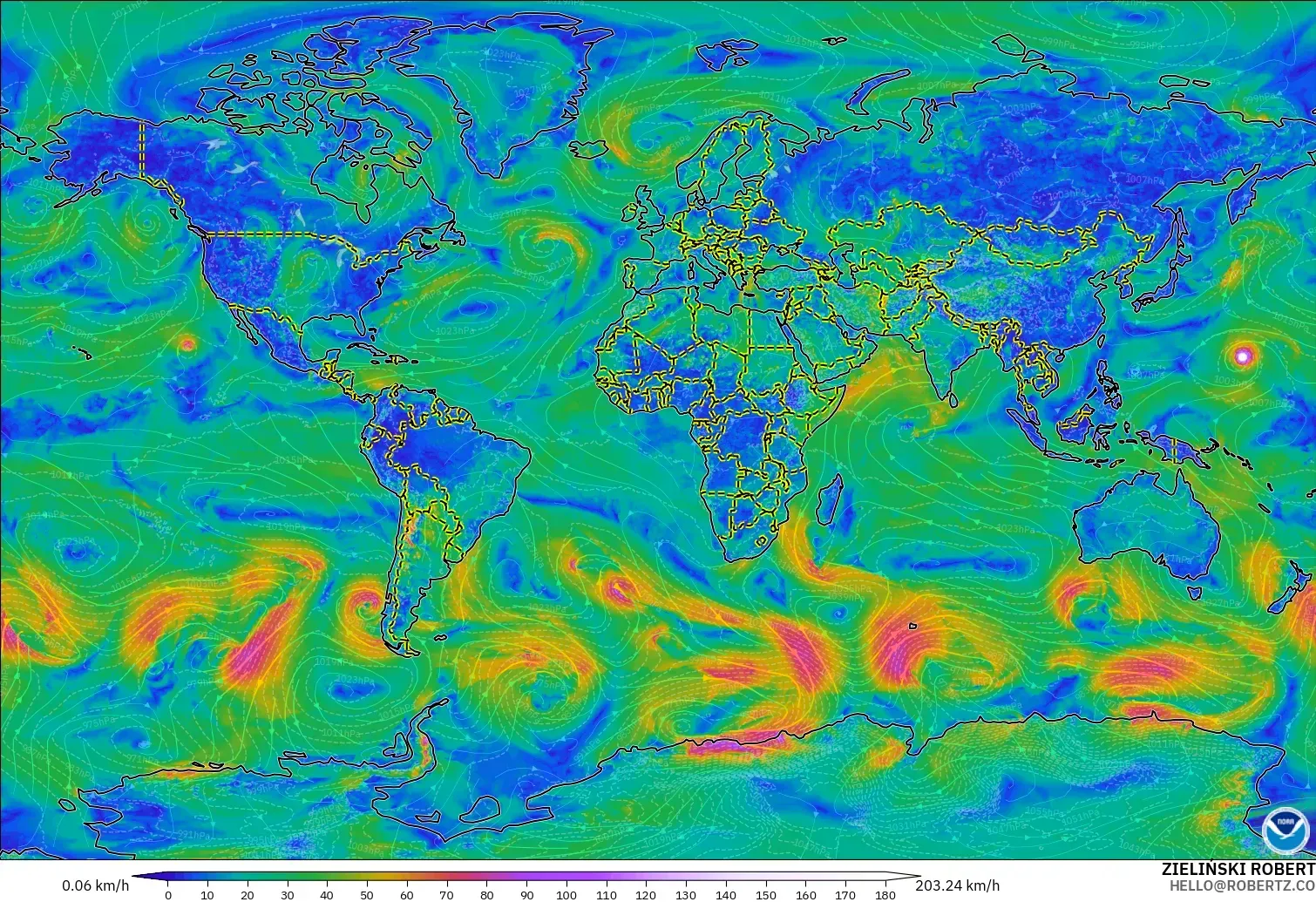 GFS model - Dünya, 10 m Rüzgâr