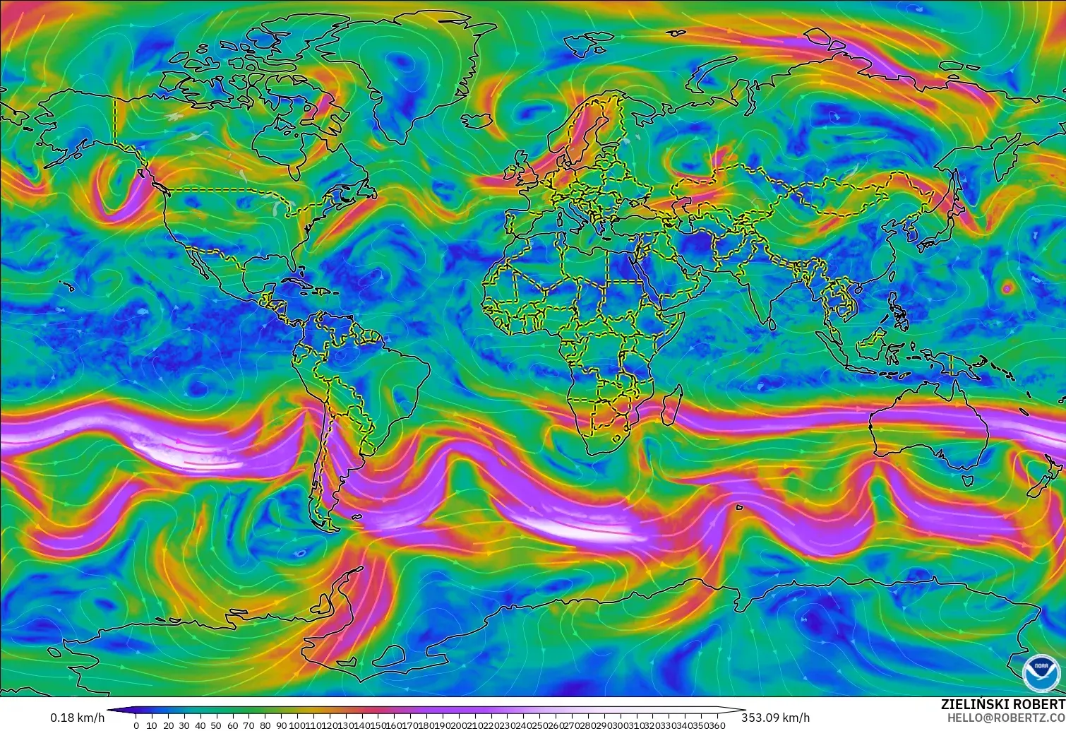 GFS model - Dünya, 300 hPa Rüzgârı (jet)