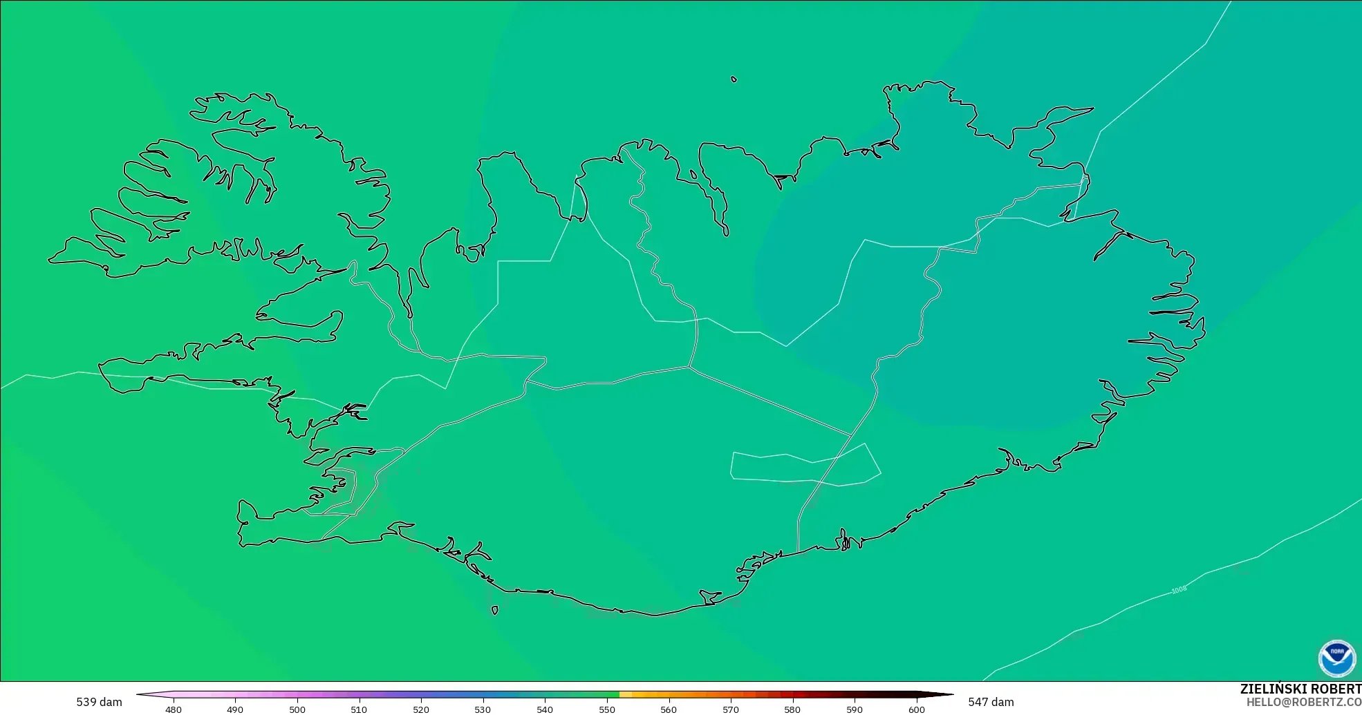 GFS model - İzlanda, 500 hPa’da jeopotansiyel yükseklik