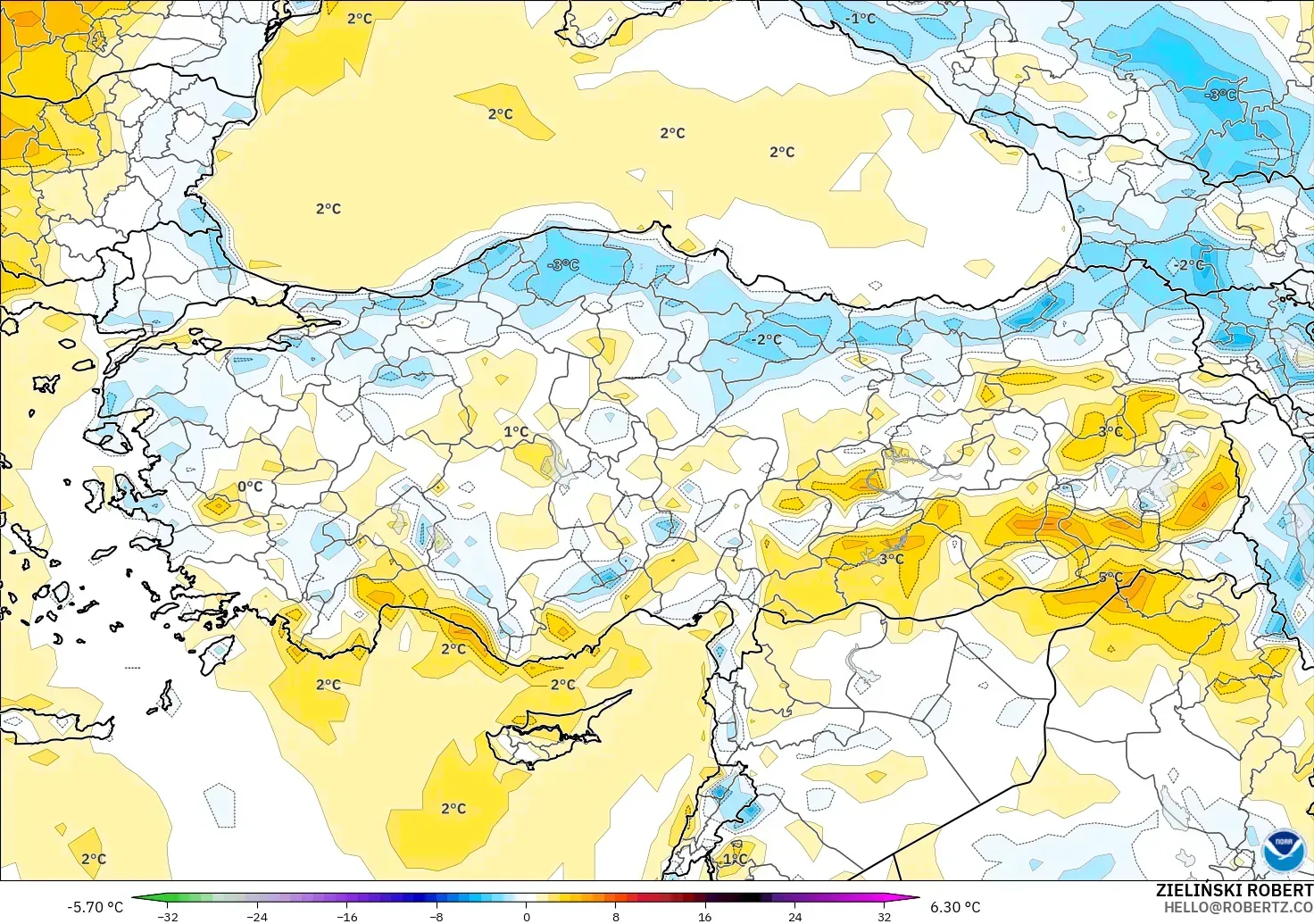 GFS model - Türkiye, 2 m Sıcaklık Anomalisi