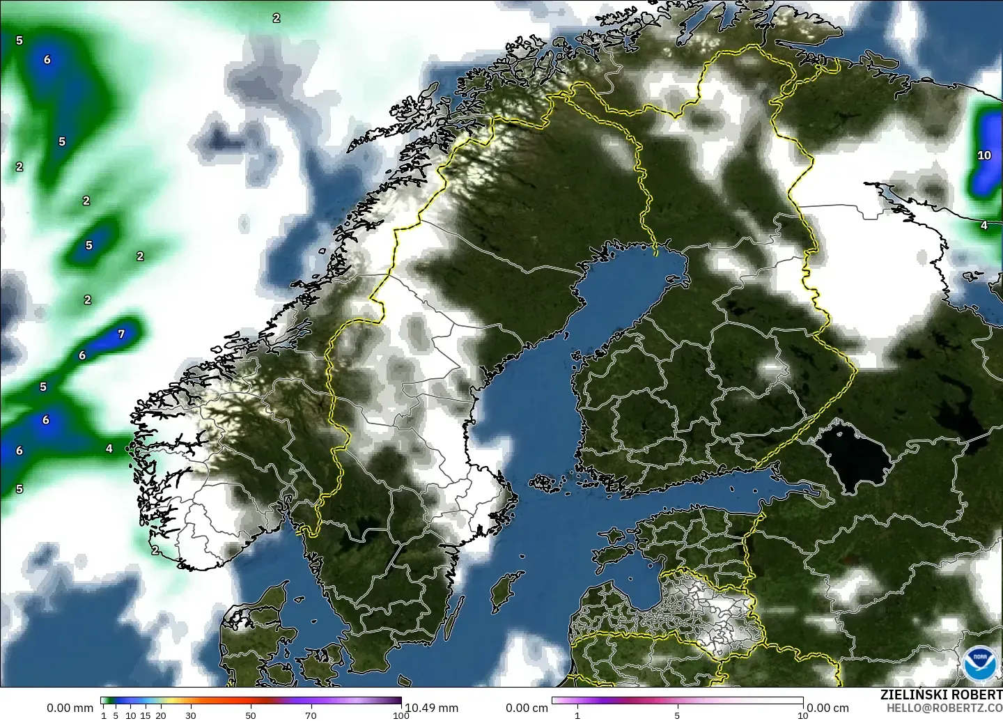 GFS model - İskandinavya, Yağış, Bulut ve Basınç