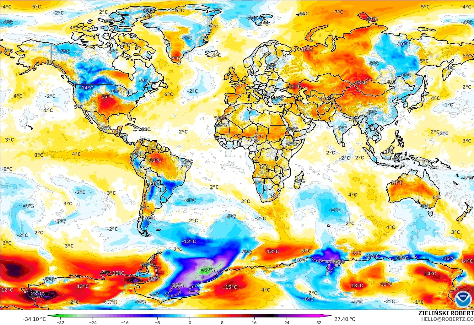 GFS model - Dünya, 2 m Sıcaklık Anomalisi