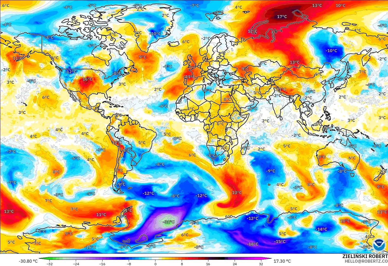 GFS model - Dünya, 850 hPa Sıcaklık Anomalisi